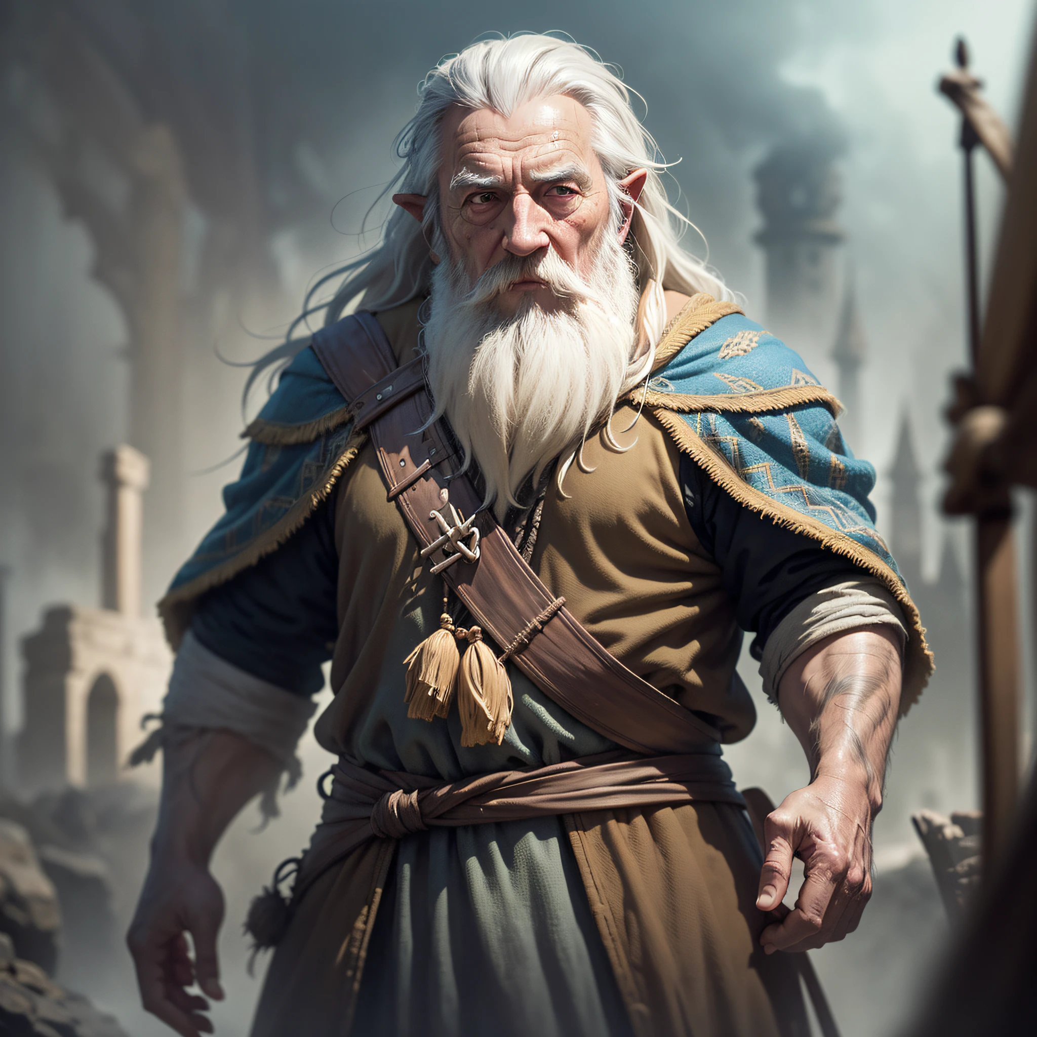abstract colors, texture, film grain, skin pores:0.1 Hasselblad DSLR photo RAW, intricate backlit dramatic portrait of an old bearded wizard casting a spell, standing in the medieval fantasy city (cobblestone street)1.2, foggy morning, Shannara chronicles lotr gandalf hobbit willow concept art Anna Dittmann Magali Villeneuve Marc Simonetti, cinematic film still frame, (style (film grain)1.3 --auto --s2