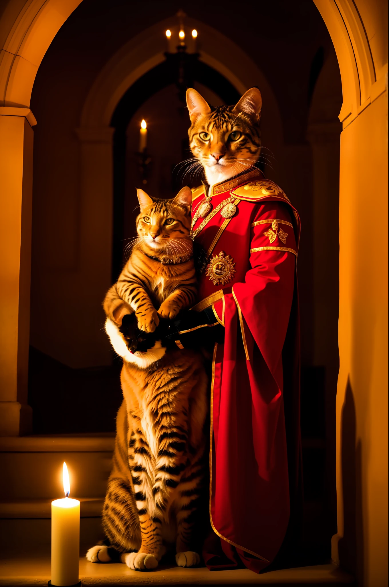 RAW photo, animal, a portrait photo of [king: queen: cat: 1] humanoid in royal costume, castle staircase background, diffused candle light, face, 8k uhd, dslr, soft lighting, high quality, grain film, Fujifilm XT3