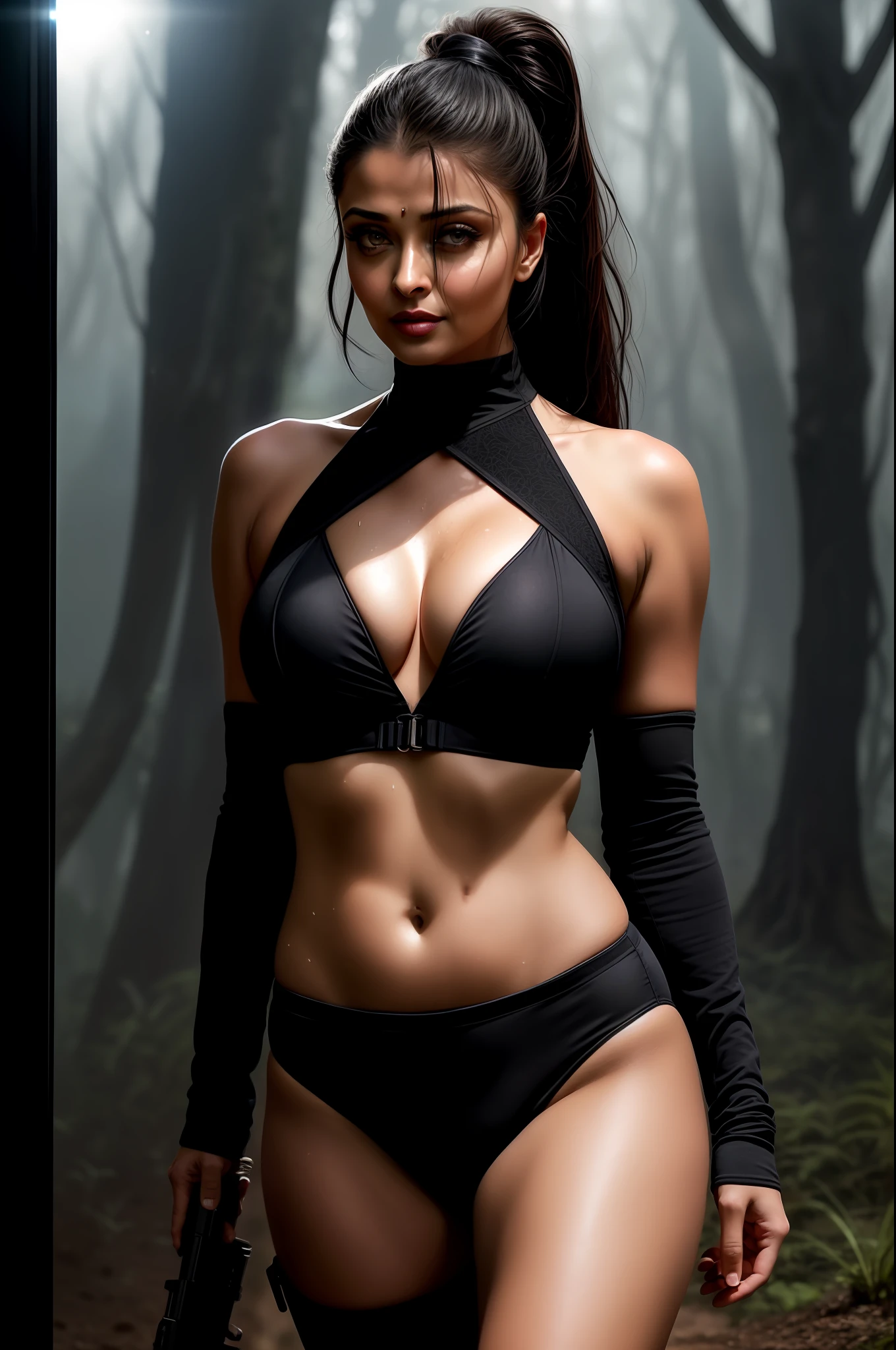 night scene, full body of aishwarya rai, army lady with guns, sweat on body, massive cleavage, large breasts, hourglass figure, posing in forest, wearing black bikini, knee high boots, wet hair, sexy jawline, seductive face, look at camera and smile, black ponytail hair, erotic adult face, 40 yo, soft volumetric lights, (backlit:1.3), (cinematic:1.3), intricate details, (ArtStation:1.2)