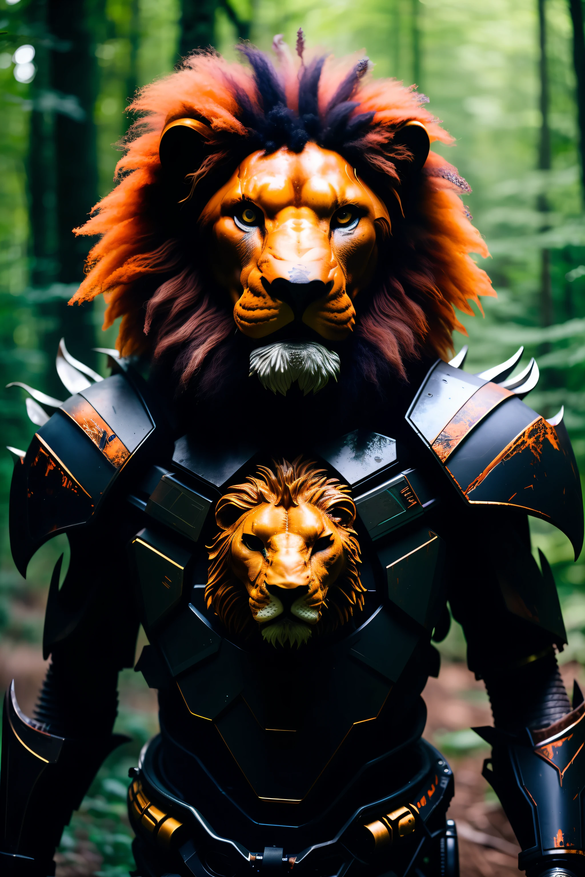 fking_scifi_v2, predator, lion, big head, (orange eyes), in a forest, 80mm, f/1.8, warrior