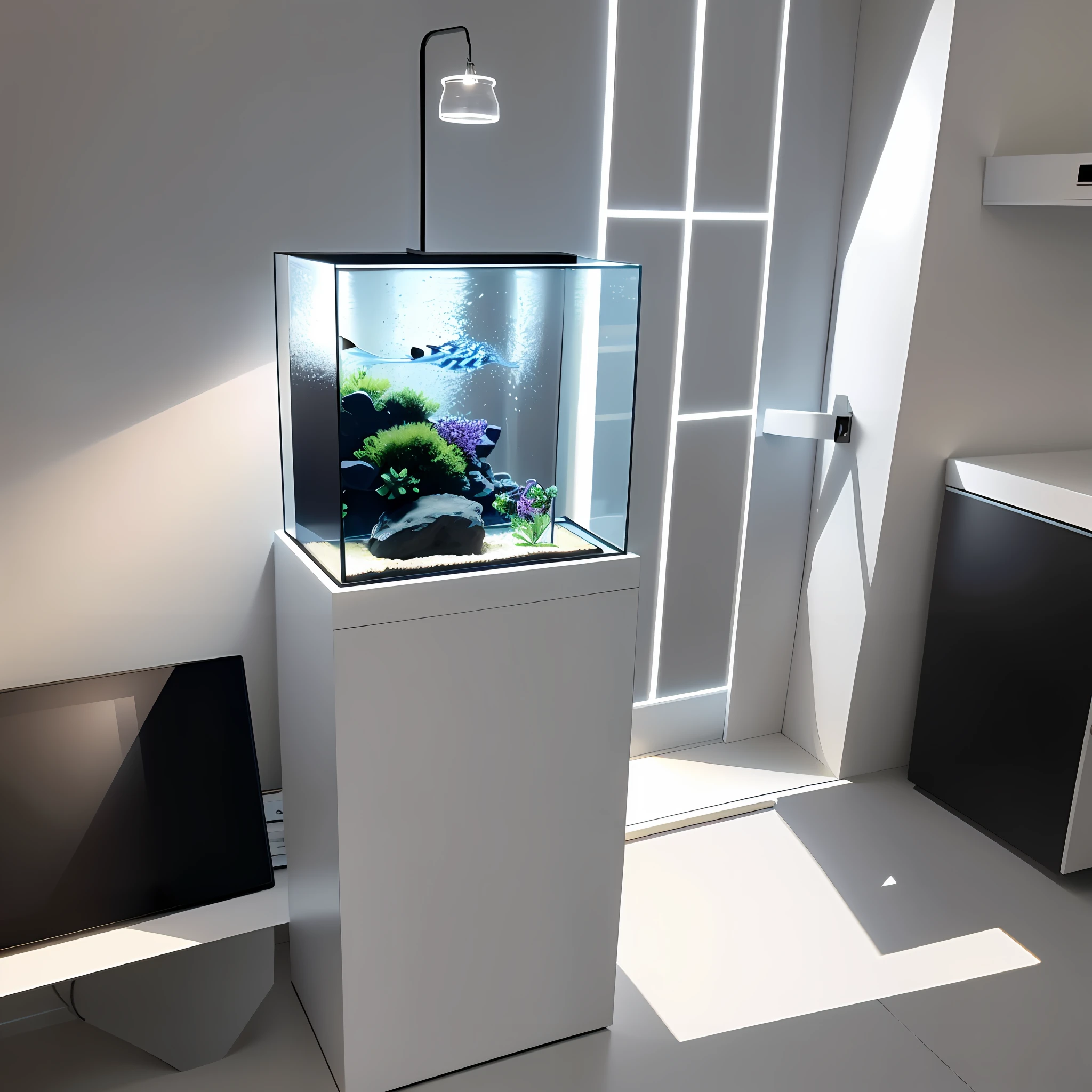 There is a back filter fish tank with a fish inside, modern minimalist F 2 0 clean one. One modern trendist, one white background. The picture is used as an e-commerce business, slightly dark lighting, lighting side view, height 155 cm, good lighting, the cabinet should be pure black --auto --s2