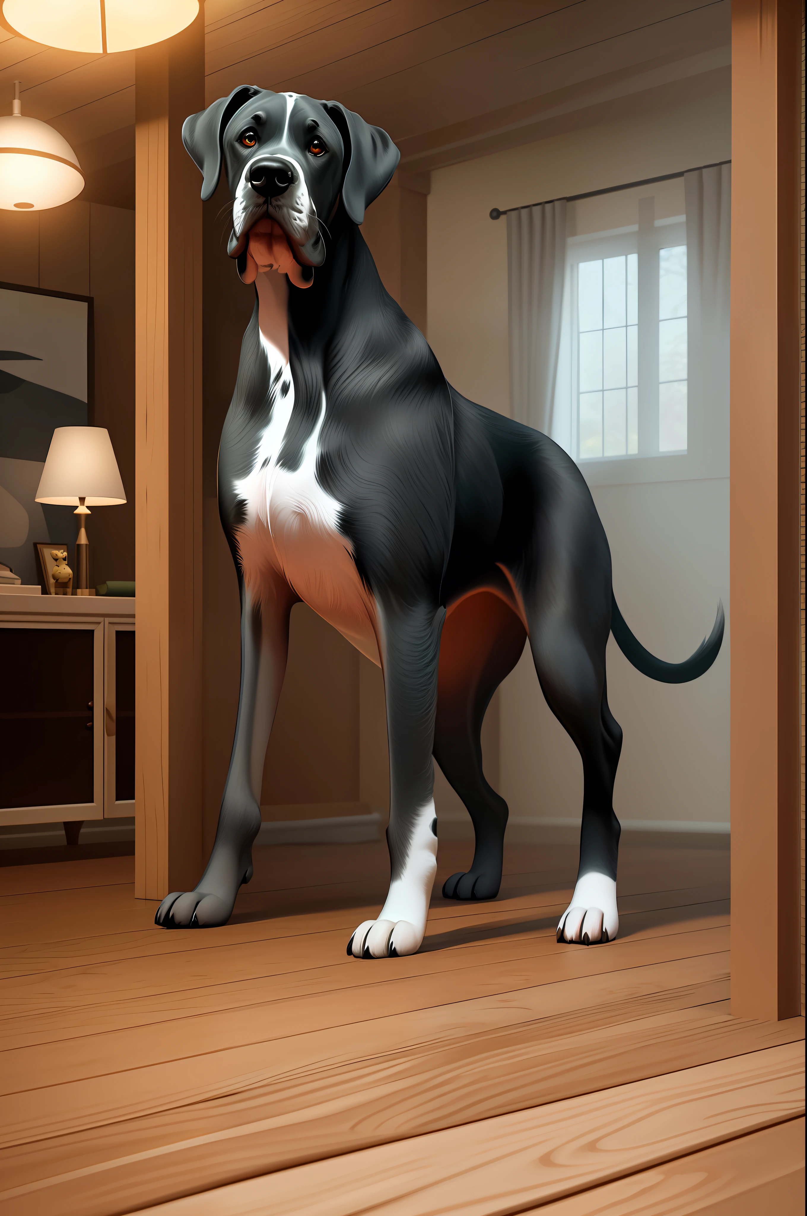 cute Great Dane breed dog waving hello unreal engine, cozy indoor lighting, artstation, detailed, digital painting, cinematic, character design by Mark Ryden and Pixar, octane render