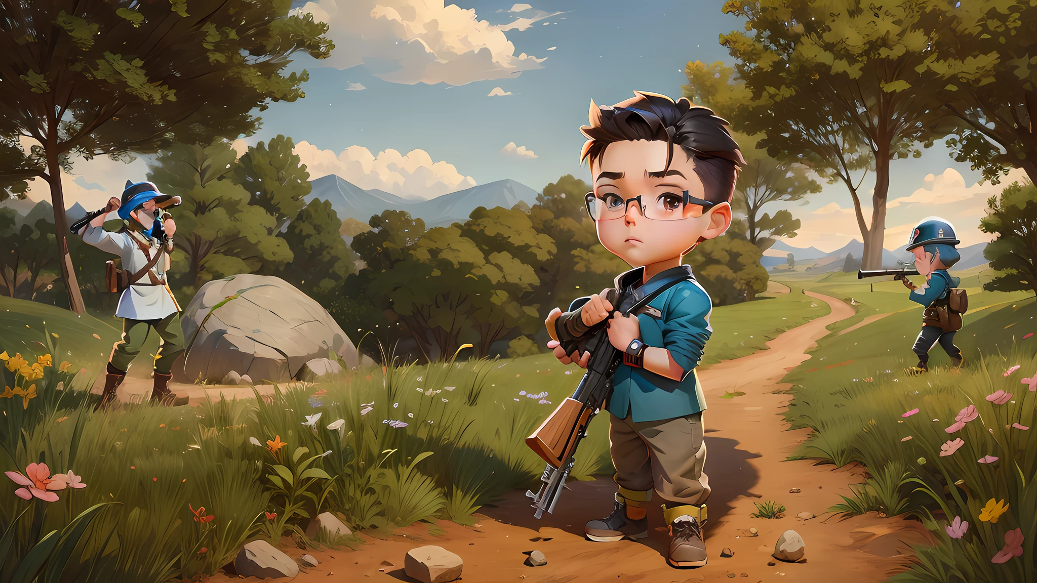 cartoon of a boy with a rifle and a stone in a field, official fanart, official art, mk ninja, kilbourne kellogg miner, mine kings, stylized game art, high quality fanart, mobile game art, minagho, inspired by max klinger, game art, key art, official art, mine