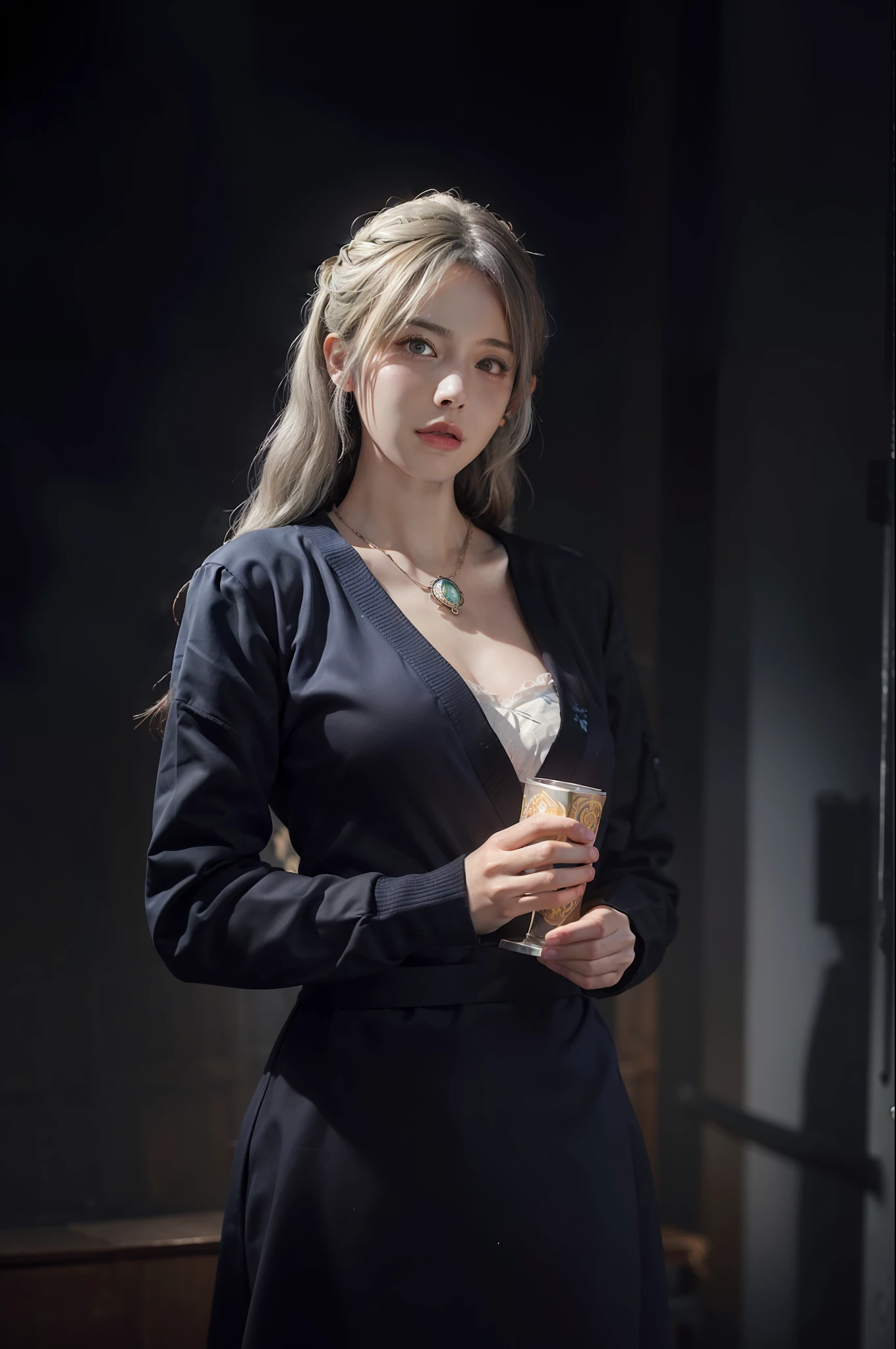 Hyperrealist portrait of female by david hockney and alphonse mucha,fantasy art, photo realistic, dynamic lighting, artstation, poster, volumetric lighting, very detailed faces, 4 k, award winning,, 1girl, in the dark, deep shadow, low key,cowboy shot,(official clothing:1.4) ,long hair,white hair,