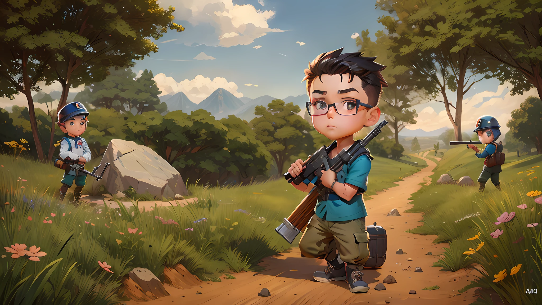 cartoon of a boy with a rifle and a stone in a field, official fanart, official art, mk ninja, kilbourne kellogg miner, mine kings, stylized game art, high quality fanart, mobile game art, minagho, inspired by max klinger, game art, key art, official art, mine