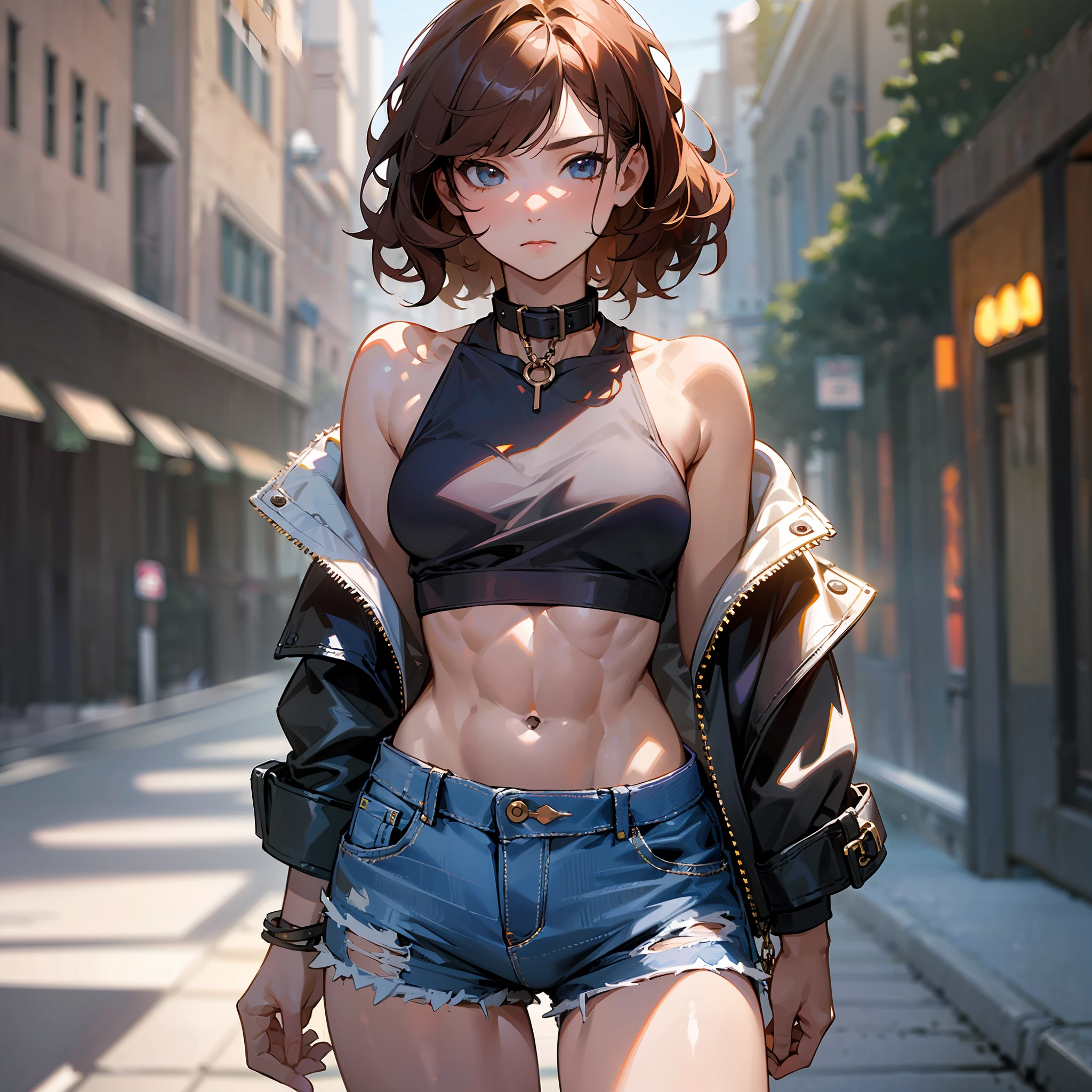 ((medium breast, tomboy girls, small head)), daylight, sunlight, (chiseled abs : 1.1), (perfect body : 1.1), (short wavy hair : 1.2) , auburn hair, collar, chain, full body shot, crowded street, wearing black tanktop, jeans jacket, ((shorts)), (extremely detailed CG 8k wallpaper), (an extremely delicate and beautiful), (masterpiece), (best quality:1.0), (ultra highres:1.0),  beautiful lighting ,perfect lightning, realistic shadows, [highres], detailed skin, ultra-detailed --auto --s2