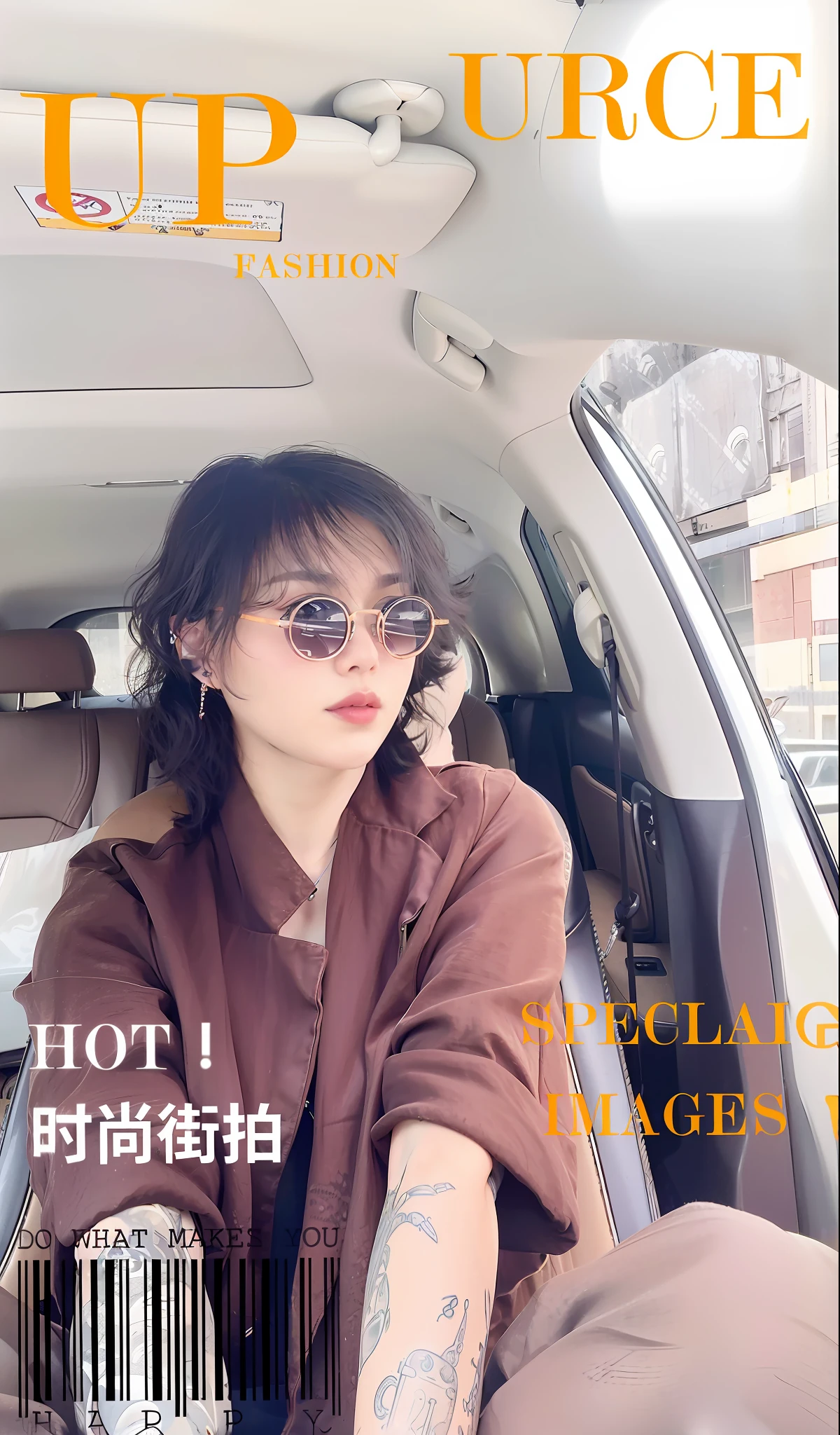 arafed magazine cover of a woman sitting in a car, round sunglasses, 2263539546], circular sunglasses, images, reflective aviator sunglasses, wearing thin large round glasses, high quality], thick round spectacles, with short hair, ulzzang, with sunglass, 🪔 🎨;🌞🌄, xintong chen