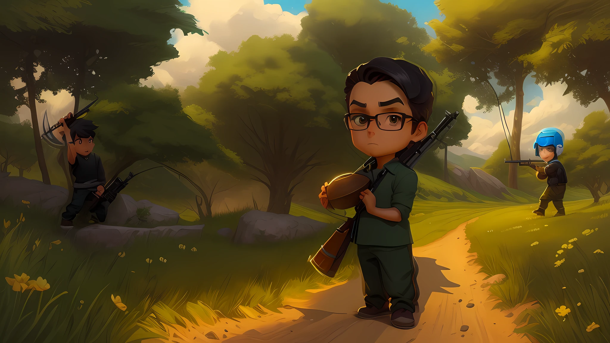 cartoon of a boy with a rifle and a stone in a field, official fanart, official art, mk ninja, kilbourne kellogg miner, mine kings, stylized game art, high quality fanart, mobile game art, minagho, inspired by max klinger, game art, key art, official art, mine