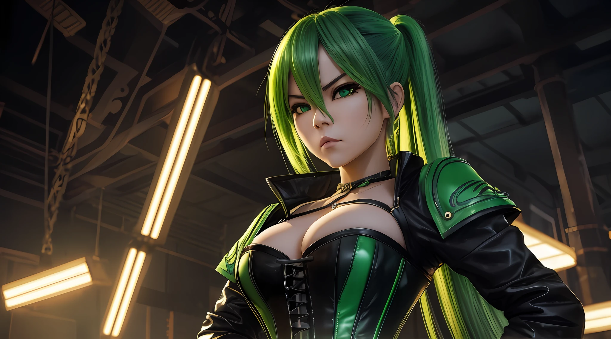 Japanese female portrait, long neon green hair, cute, intimidating, small body, black leather corset, realistic cinematic 8k top body, black background, grumpy lighting, --auto --s2