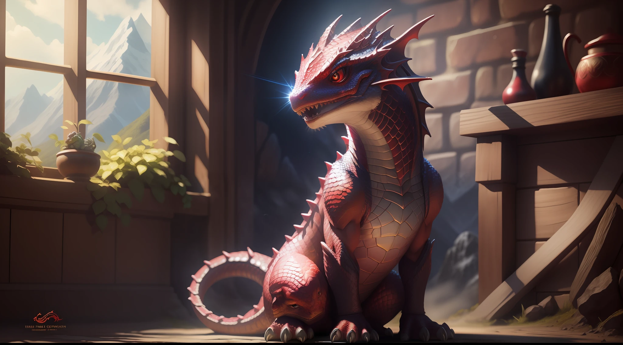 baby dragon, happy cub, sitting, benevolent gaze, medieval fantasy, mountain, glowing red scales, sunlight, realistic shadows, ultra realistic photo, intricate detail, high resolution, photo quality, 8k resolution