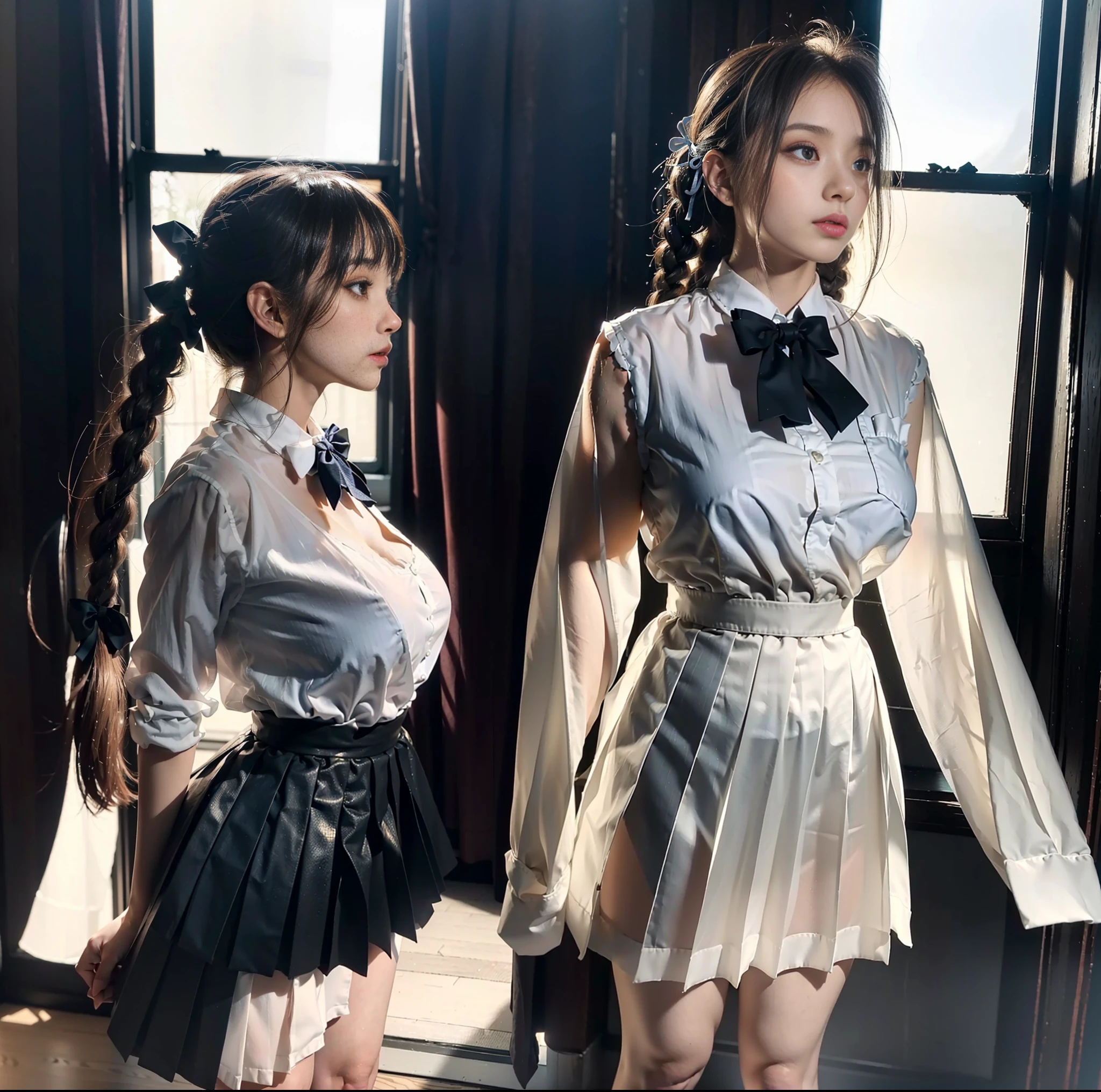(Best Quality), (Masterpiece), (Raw Photo), Master, Very Beautiful, Highly Detailed CG, 8k Wallpaper, Amazing Fine Details, Official Art, Huge File Size, High Resolution, Darkness, Atmosphere, Mystical, Romanticism, Spooky, Literature, Art, Fashion, Elegant, ((Perfect Anatomical Depiction of the Human Body))), Staring at the Beholder, Two 12 year old girls are showing off their buttocks with a side-by-side back view, two want you to see their buttocks, one has blonde blue eyes and partially braided long hair,
One is a twin-tailed brunette with beautiful whitening skin, (Japan with beautiful whitening skin, (very huge), ((super big)), (thin waist), (big buttocks), (thin thighs), (skin turns white), baby face, ((neat white blouse of smooth thin fabric with ribbon ties)), (blouse breasts are very cramped), (no bra), (dark areolas), ( blouse crushes big),
((Ultra Mini Pleated Skirt)), (White underwear), (No skin exposed on the upper body), (All buttons fastened and neat clothes), Shot from different angles, Midnight, Dark basement, No Window, Dust Dance, (Very dark), (Blue faint backlight), bowtie, Black background