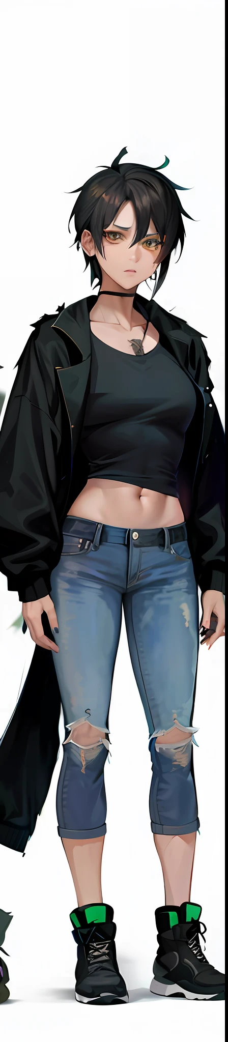 Ratatata anime character with a black shirt and ripped jeans and a black jacket, exposed midriff, her belly button is exposed, visible stomach, physical : tinyest midriff ever, full body details, bare midriff, android 18, hand on hips, visible belly, belly exposed, tinyest midriff ever, belly button showing