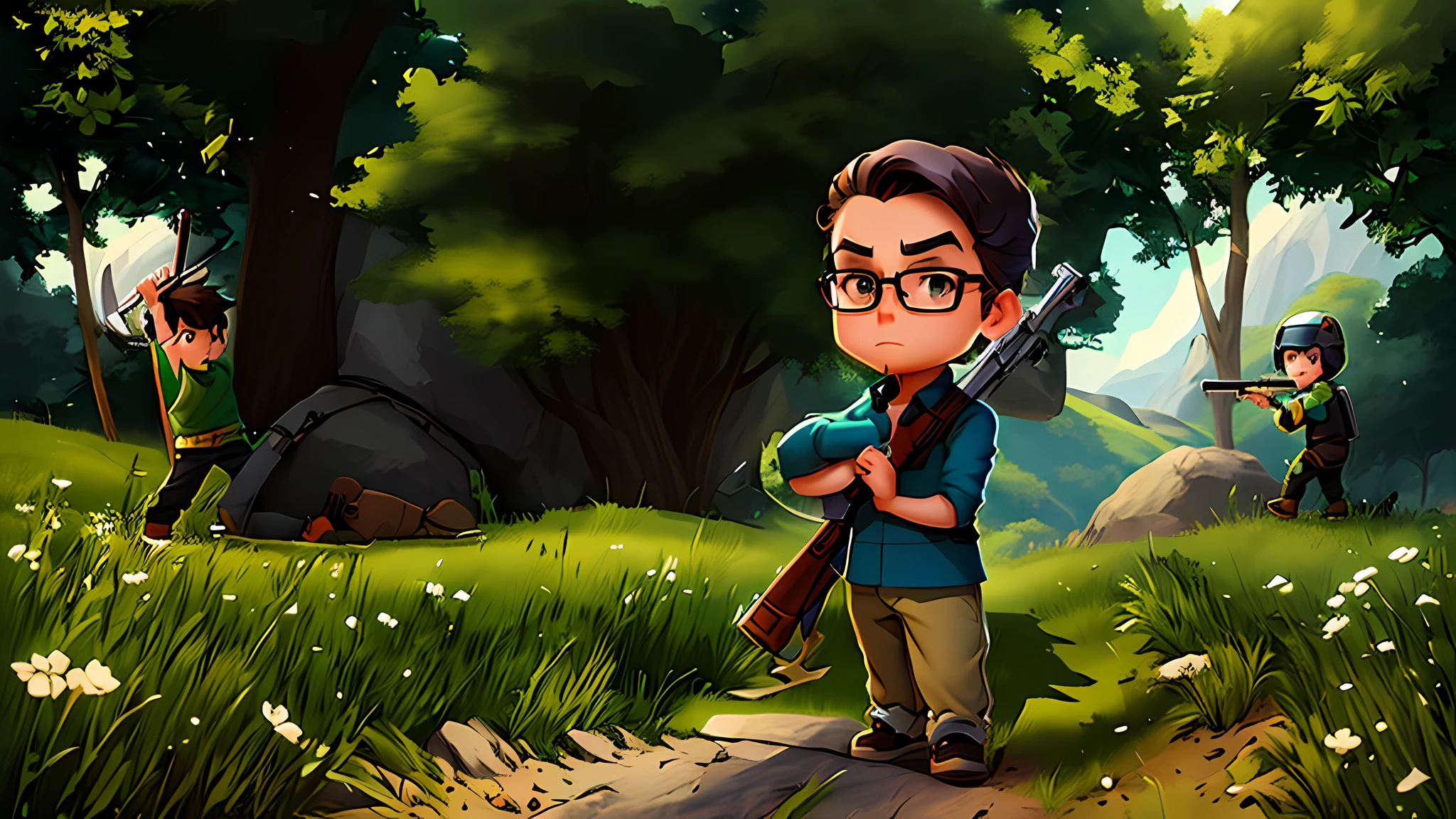 cartoon of a boy with a rifle and a stone in a field, official fanart, official art, mk ninja, kilbourne kellogg miner, mine kings, stylized game art, high quality fanart, mobile game art, minagho, inspired by max klinger, game art, key art, official art, mine