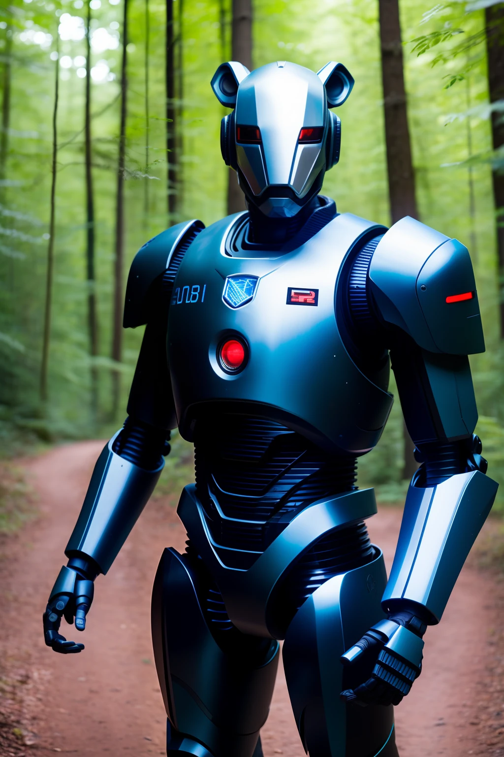 fking_scifi_v2, robocop, lion, big head, (blue eyes), in a forest, 80mm, f/1.8, 8K, attack