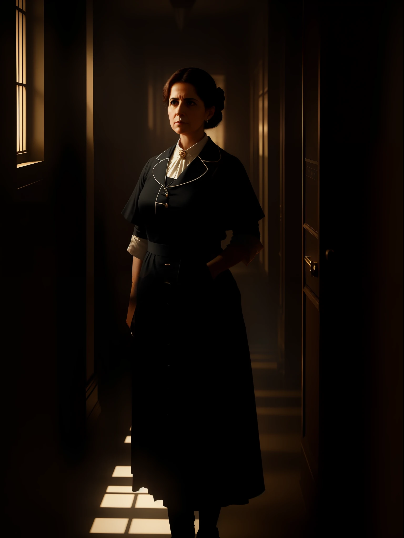 A still image captured in cinematic mode. The concept revolves around three 18th-century nurses, with one positioned in the center of the composition and the others appearing in perspective. The scene is inspired by the works of Christopher Nolan. The image depicts nurses in a dimly lit hospital corridor, with dramatic shadows and contrasting lighting. The color temperature is cold, enhancing the mysterious and intense atmosphere. The nurse leader Maria Rosa Sousa Pinheiro has a determined expression, exuding leadership and resilience. The lighting is dynamic, with strategic highlights and shadows, adding depth and intrigue. The atmosphere evokes a sense of urgency and dedication
