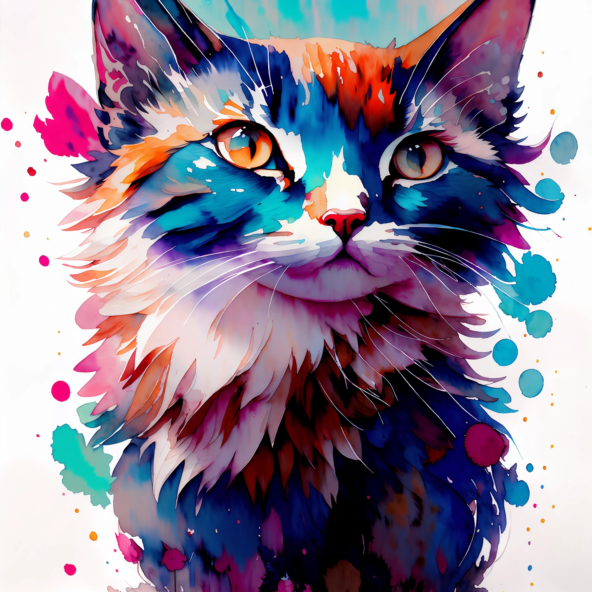 wtrcolor style, digital art (cat character), official art, frontal, smile, masterpiece, beautiful, (((watercolor)), face paint, paint splatters, intricate details. Highly detailed and detailed eyes, [Drip: 0.5], artstation trends, by Rachel Walker