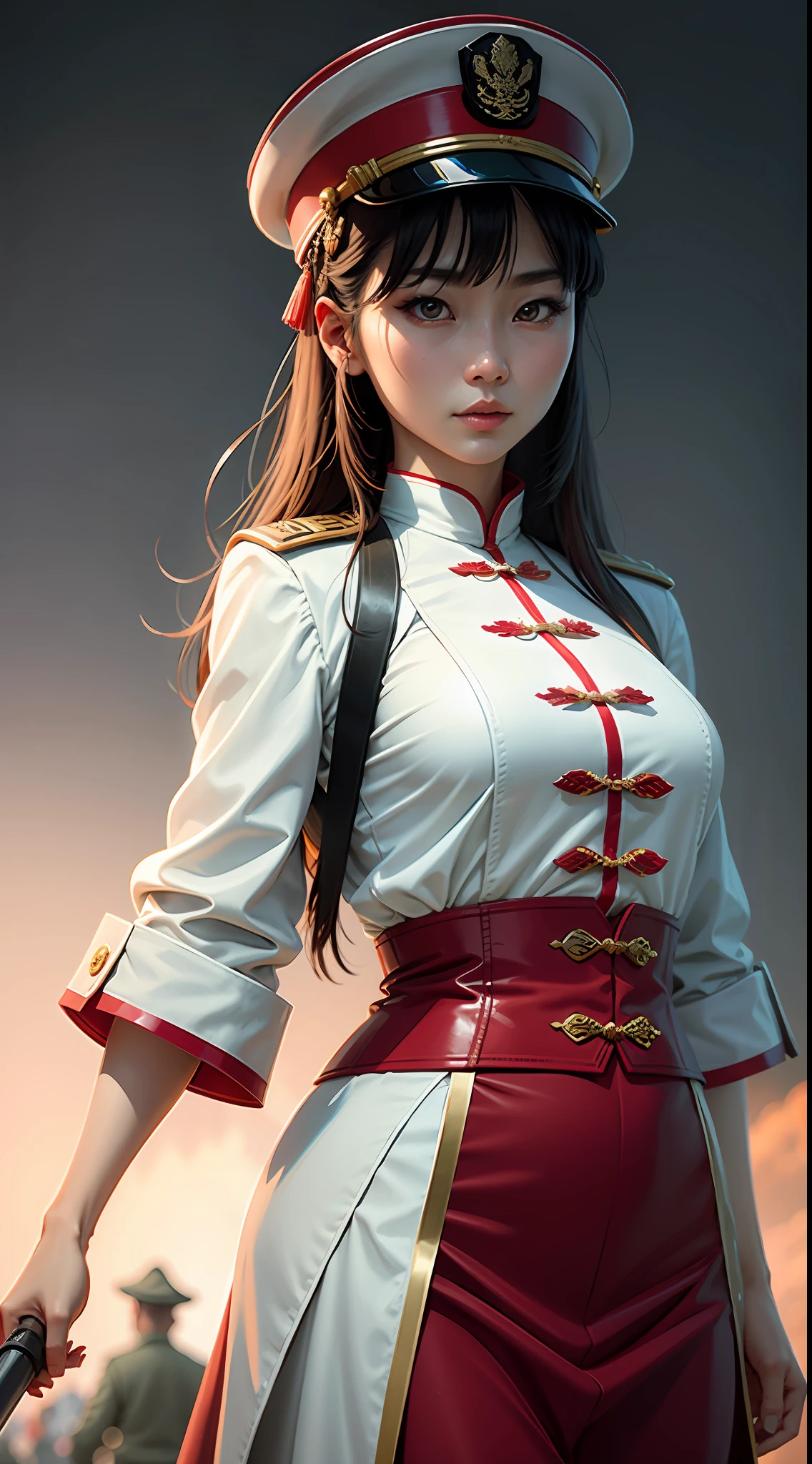 Beautiful Chinese woman, 25 years old, military, white beret, red uniform, face with determination, long eyelashes, beautiful eyes with brightness, surrealism, shadow, stereogram, (photorealistic, realistic: 1.2), POV, atmospheric perspective, cinematic lighting, ray tracing, 8k, super detail, best quality, masterpiece, well detailed, (Canan EOS R6, 135mm, 1/1250s, f/2.8, ISO 400:0.9), weapons, shanghai china.