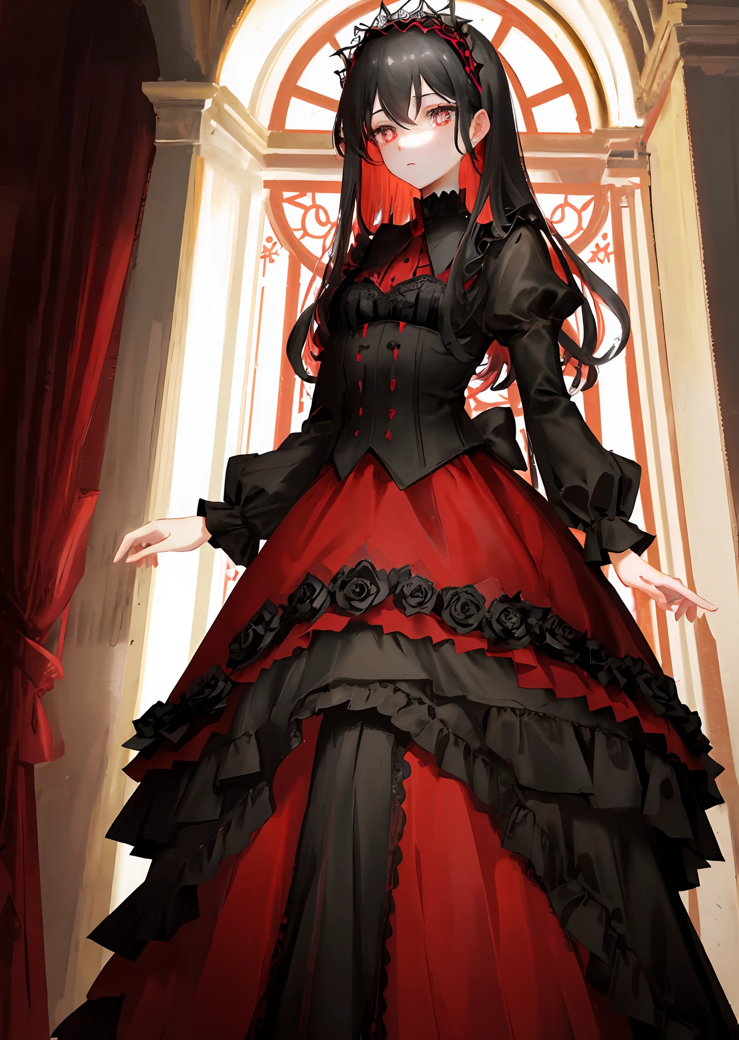 Mainly red and black, the skirt and cuffs have lace patterns, dark Gothic style, the lower part of the red skirt has a circle of black skirt folds, and then a layer of red skirt underneath, so Stacked five layers, there are red and black roses on the side that are opposite to the color of the skirt, bustling and beautiful, girly, black hair, shiny eyes, red pupils, masterpiece, illustration, headgear, ultra-detailed, alone