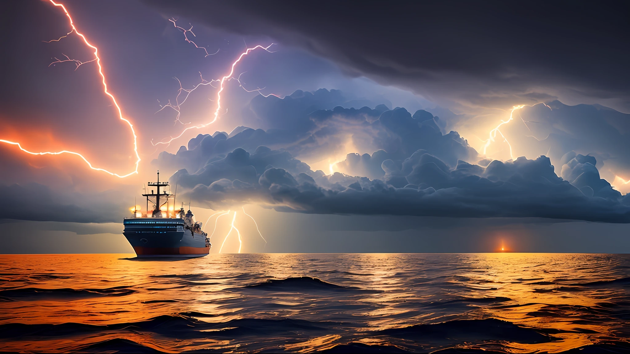 The ship is in the center of the sea, with severe storm, HD, orange lightning background, best quality, best ship,16k, big ship,