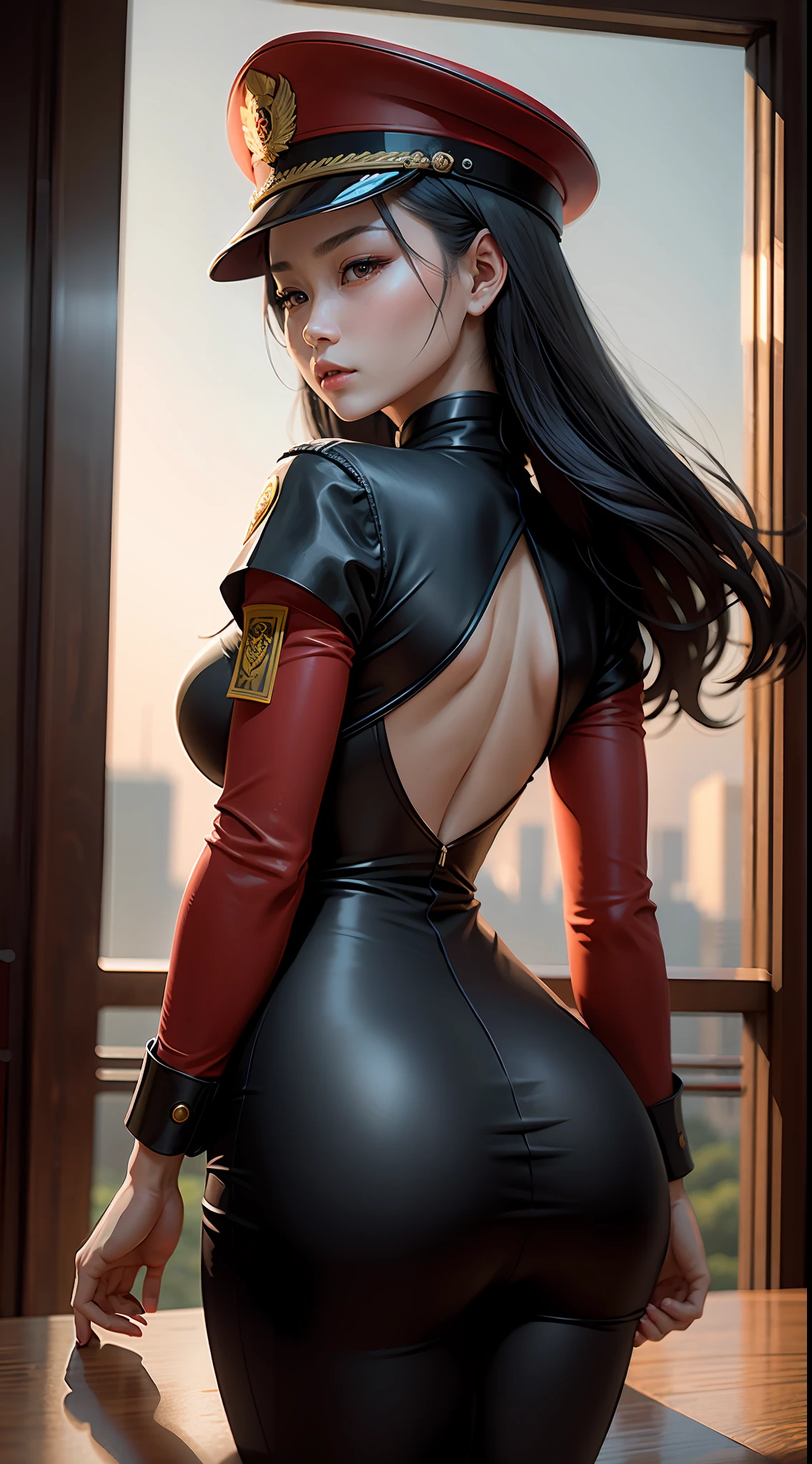 Beautiful Chinese woman, 25 years old, military, white beret, red uniform, army, face with determination, long eyelashes, beautiful eyes with brightness, surrealism, shadow, stereogram, (photorealistic, realistic: 1.2), POV, atmospheric perspective, cinematic lighting, ray tracing, 8k, super detail, best quality, masterpiece, well detailed, (Canan EOS R6, 135mm, 1/1250s, f/2.8, ISO 400:0.9), weapons, neckline, back, round ass,  Shanghai China.