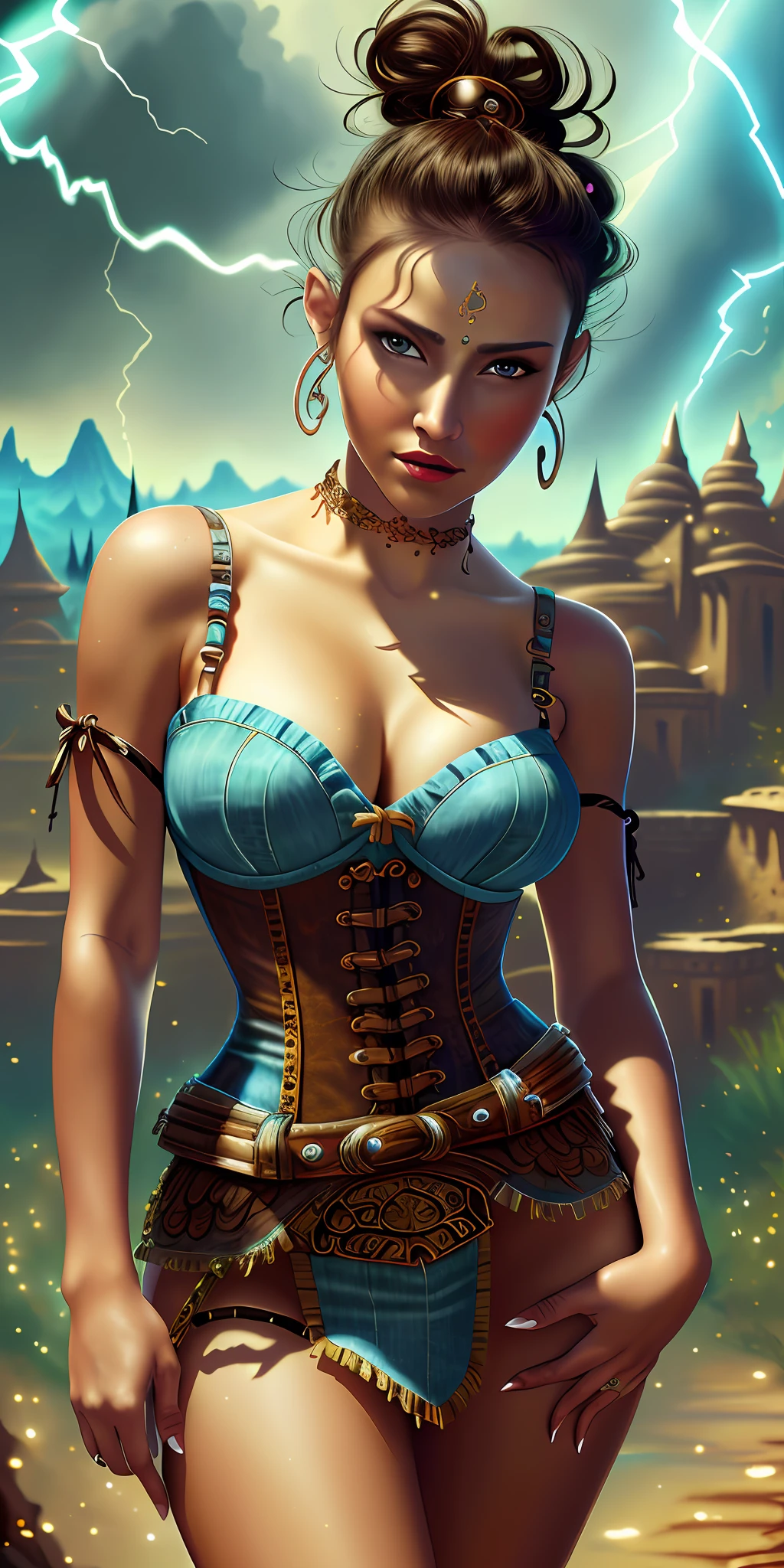 Best quality,masterpiece,ultra high res,(photorealistic:1.4), sexy senorita mayan western RPG character painting brunette hair upsweep updo corset (straps buckles:1.2) dress outdoors desert ruins (masterpiece:1.4) (best quality:1.4) (8k) (HDR) (wallpaper) (cinematic lighting) (sharp focus) (intricate) Style-Sylvamagic, sheath, ,weapon,cleavage,(magic circle:1.2)