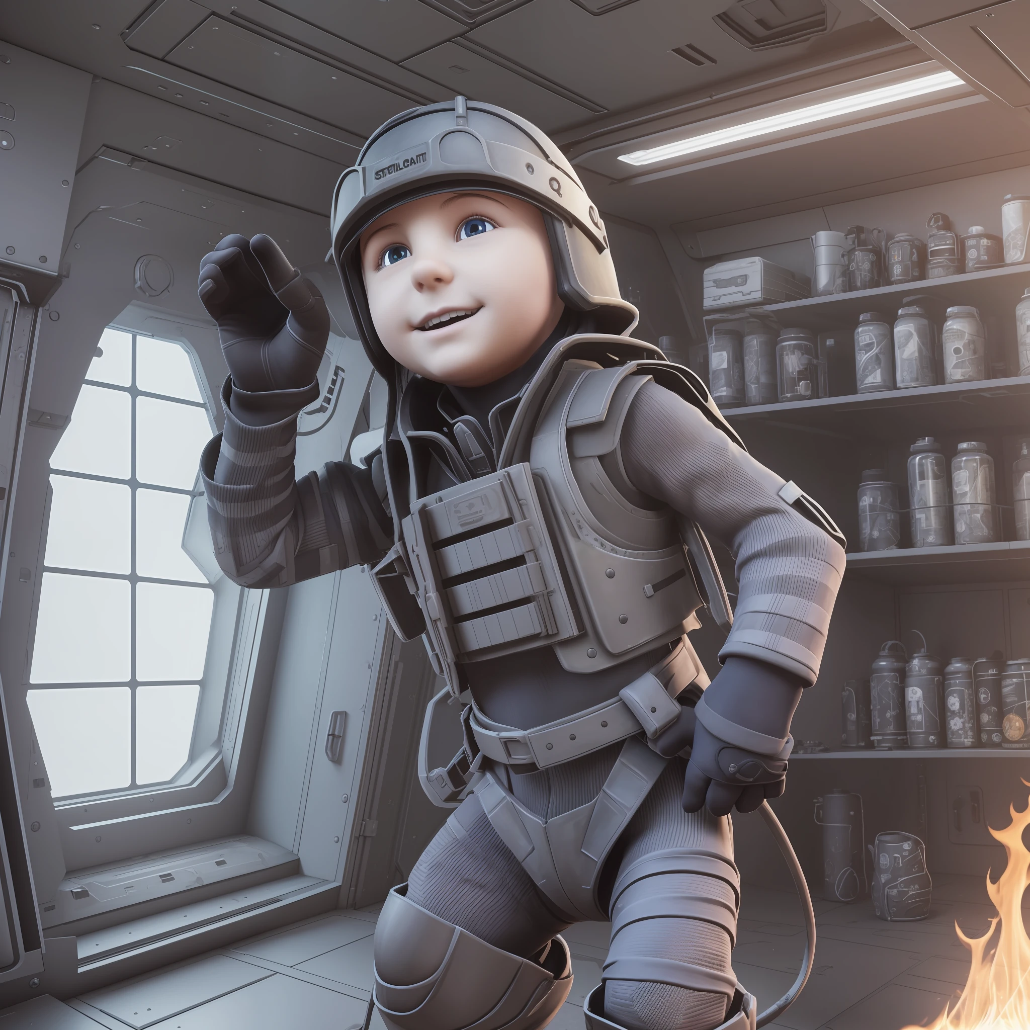 edith gru, (best quality, insanely detailed illustration:1.2), masterpiece, (((child:1.3))), kid, epic realistic, hyperdetailed, intricate details, (hdr:1.25), (intricate details:1.14), (hyperrealistic 3d render:1.16), (filmic:0.55), detailed, claustrophobic spaceship interior, night, (dark:1.2) interior, tight corridor, high tech, flames,skinny combat pants, heavy boots, ballistic vest, holding flamethrower, field of view, digital art, happy, (very young), sweet, flat chest, smile, (((unreal engine))), (8k), adorable, (no breasts:1.2)