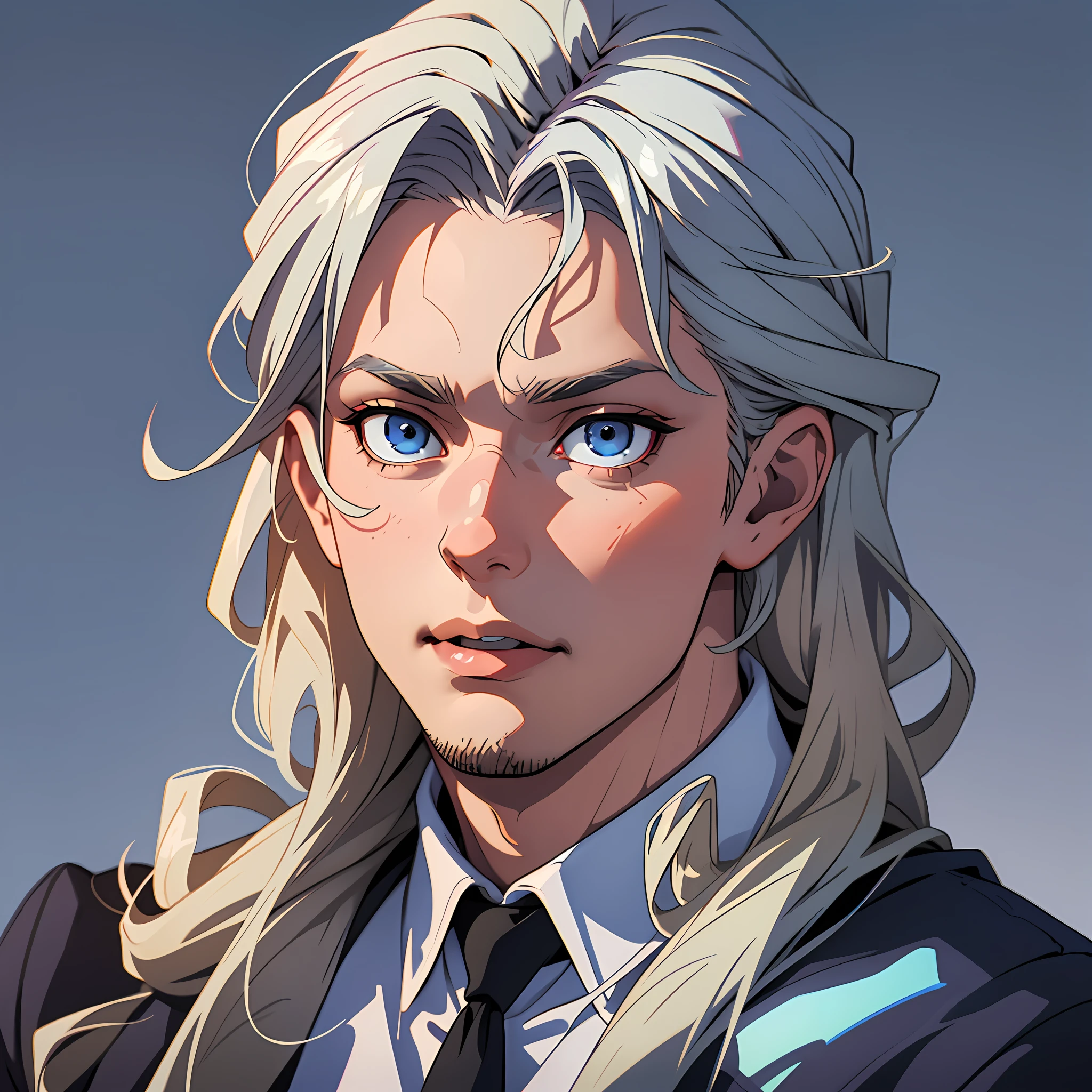 Demian is a man of average height, with silver-blond hair and deep blue eyes. His hair already shows some gray hair, and his face reflects maturity and experience. It has an imposing and elegant presence, with well-defined features.