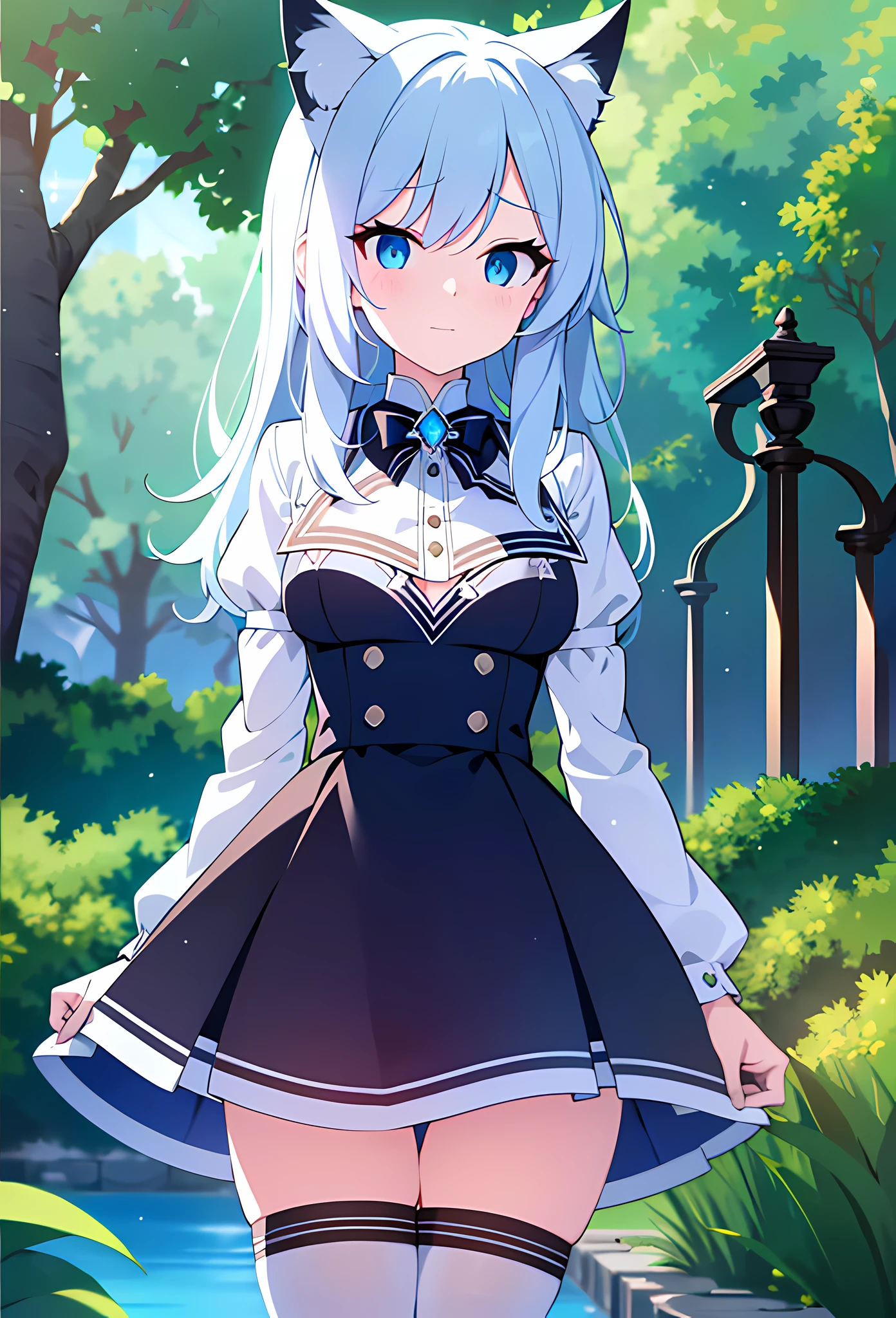 {{{{masterpiece, realistic, extremely detailed, intricate details, sharp focus, 8K, highres, depth of field, absurdres, high quality facial shadowing, dynamic shadowing, cinematic lighting, perfect lighting}}}}, best quality, asian qualities, {facing viewer}, {hands behind back}, {solo}, beautiful young girl, {{{extremely detailed girl, perfect anatomy, perfect body}}}, {{{beautiful-detailed luscious hip-length vibrant white hair}}}, {{{luscious multi-layered hair}}}, {{{black cat ears}}}, {{beautiful-detailed facial structure}}, {{detailed beautiful face}}, {{detailed face:1.33}}, {{beautiful-detailed eyes}}, big eyes, {{{{detailed dark blue eyes}}}}, {{{{high-detailed sharp clear unclouded black cat eye pupils}}}}, {{{{vibrant eye colors}}}}, small boobs, {{slim arms}}, {{{{beautiful-detailed fingers}}}}, {{slim waist}}, {{{{beautiful-detailed white fluffy cat tail}}}}, {{slim cat tail}}, {{thick thighs}}, {{{detailed legs}}}, {{{blushing}}}, {{cute shy expression}}, {{{embarrassed}}}, fashion, {{{simple-detailed vibrant blue sapphire gem choker}}}, summer school uniform, {{{{detailed white school short shirt}}}}, {{{beautiful-detailed ice blue bow ribbon}}}, {{{detailed black plain mini-skirt}}}, {{{beautiful-detailed knee warmer socks}}}, {{{wearing brown leather school shoes}}}, {{{standing in a courtyard with a fountain running into a river and a tree hanging overhead}}}, {enhanced background}, {{sun light shining off the surface of the river}}