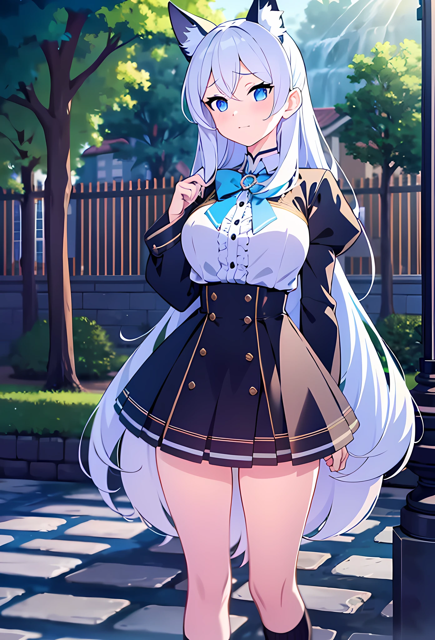 {{{{masterpiece, realistic, extremely detailed, intricate details, sharp focus, 8K, highres, depth of field, absurdres, high quality facial shadowing, dynamic shadowing, cinematic lighting, perfect lighting}}}}, best quality, asian qualities, {facing viewer}, {hands behind back}, {solo}, beautiful young girl, {{{extremely detailed girl, perfect ???????, perfect body}}}, {{{beautiful-detailed luscious hip-length vibrant white hair}}}, {{{luscious multi-layered hair}}}, {{{black cat ears}}}, {{beautiful-detailed facial structure}}, {{detailed beautiful face}}, {{detailed face:1.33}}, {{beautiful-detailed eyes}}, big eyes, {{{{detailed dark blue eyes}}}}, {{{{high-detailed sharp clear unclouded black cat eye pupils}}}}, {{{{vibrant eye colors}}}}, small boobs, {{slim arms}}, {{{{beautiful-detailed fingers}}}}, {{slim waist}}, {{{{beautiful-detailed white fluffy cat tail}}}}, {{slim cat tail}}, {{thick thighs}}, {{{detailed legs}}}, {{{blushing}}}, {{cute shy expression}}, {{{embarrassed}}}, fashion, {{{simple-detailed vibrant blue sapphire gem choker}}}, summer school uniform, {{{{detailed white school short shirt}}}}, {{{beautiful-detailed ice blue bow ribbon}}}, {{{detailed black plain mini-skirt}}}, {{{beautiful-detailed knee warmer socks}}}, {{{wearing brown leather school shoes}}}, {{{standing in a courtyard with a fountain running into a river and a tree hanging overhead}}}, {enhanced background}, {{sun light shining off the surface of the river}}
