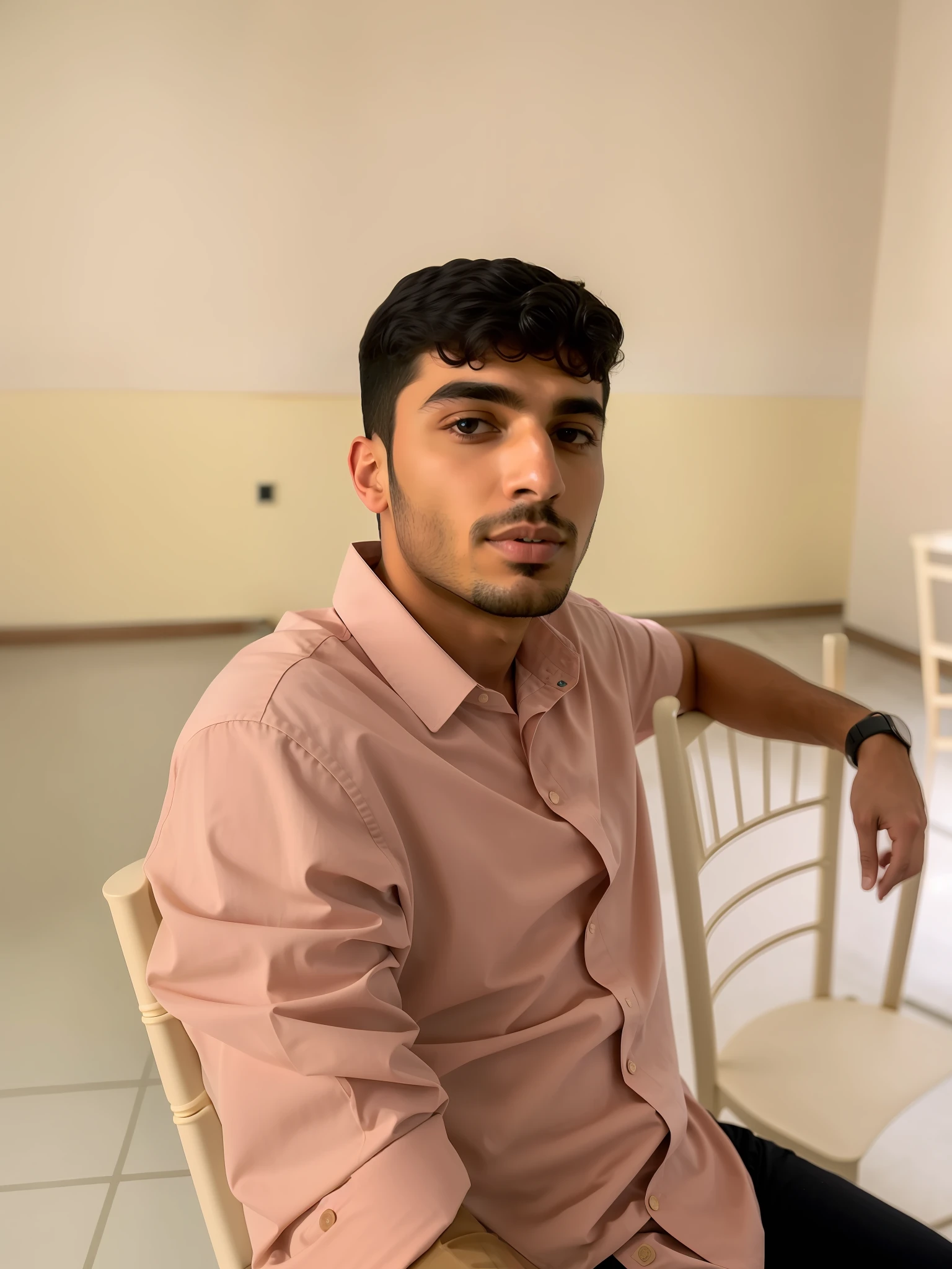 there is a man sitting on a chair in a room, riyahd cassiem, mohamed chahin, enes dirig, ismail, around 1 9 years old, very very low quality picture, aykut aydogdu, emad mostaque, icaro carvalho, caio santos, khyzyl saleem, portrait shot 8 k