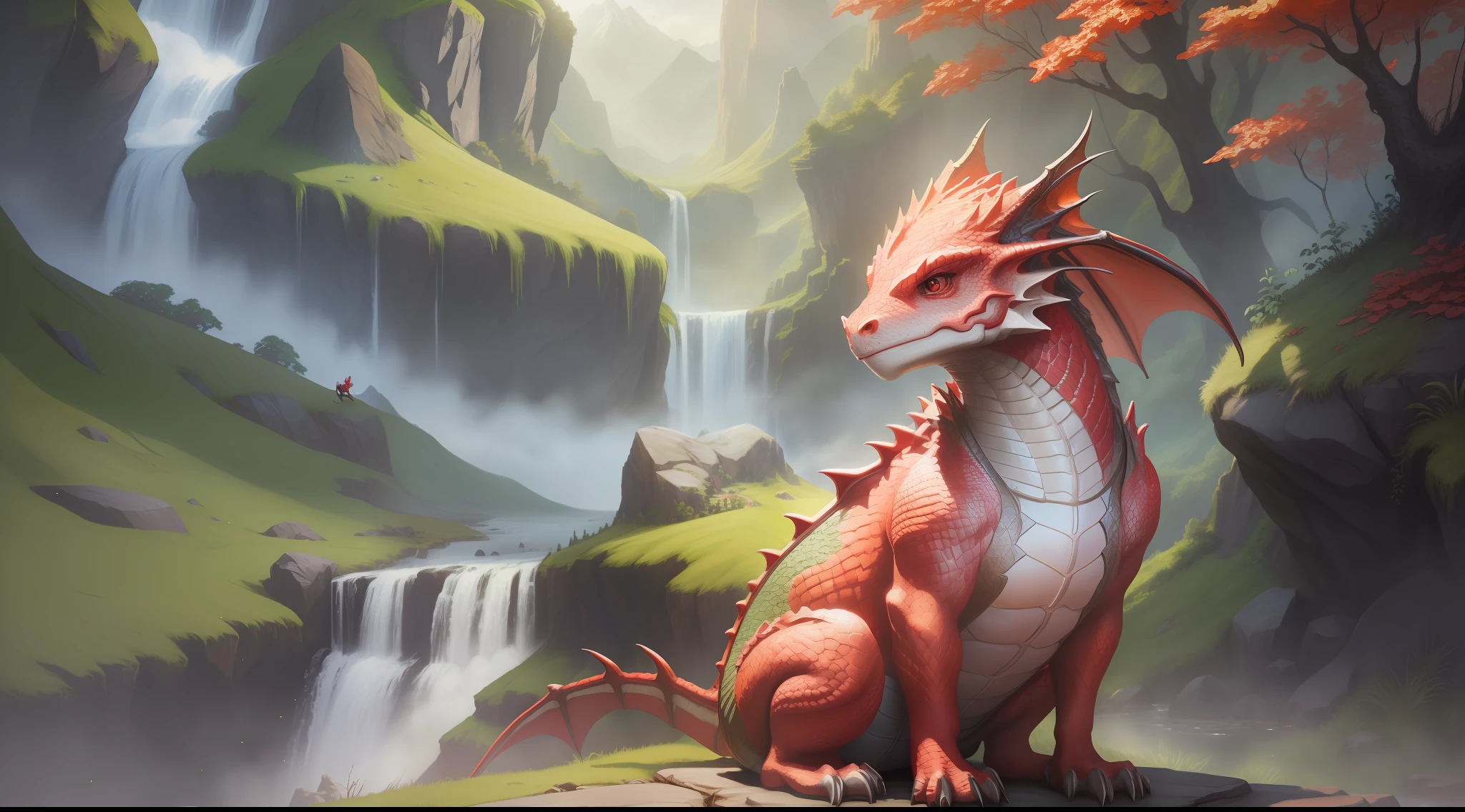 baby dragon, happy puppy, sitting, benevolent look, medieval fantasy, anime, mountain with waterfall, bright red scales, sunlight, realistic shadows, ultra realistic photo, intricate details, high resolution, photo quality, 8k resolution