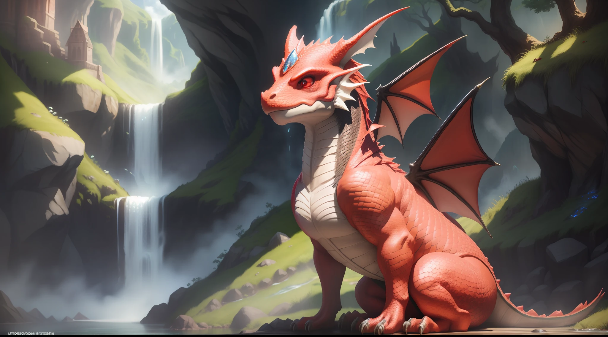 baby dragon, happy puppy, sitting, benevolent look, medieval fantasy, anime, mountain with waterfall, bright red scales, sunlight, realistic shadows, ultra realistic photo, intricate details, high resolution, photo quality, 8k resolution