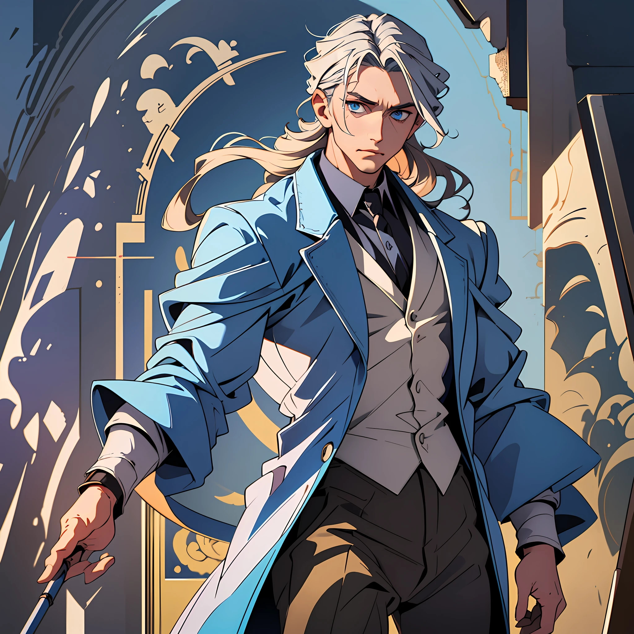 Demian is a man of average height, with silver-blond hair and deep blue eyes. His hair already shows some gray hair, and his face reflects maturity and experience. It has an imposing and elegant presence, with well-defined features.