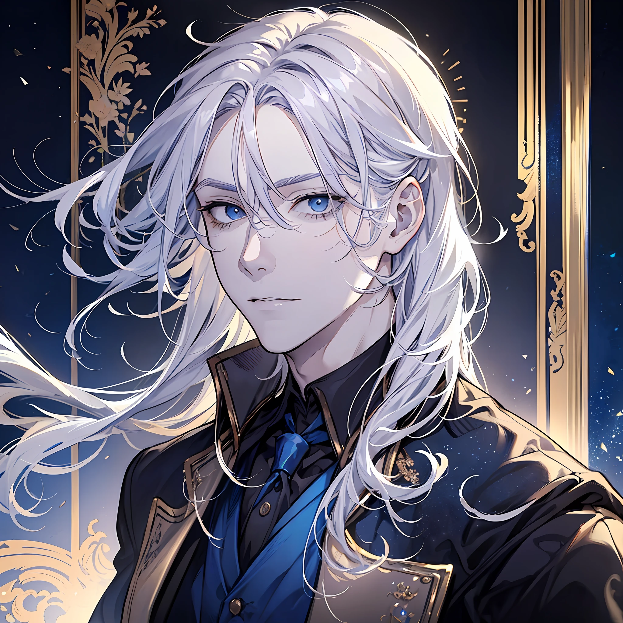 Demian is a man of average height, with silver-blond hair and deep blue eyes. His hair already shows some gray hair, and his face reflects maturity and experience. It has an imposing and elegant presence, with well-defined features.