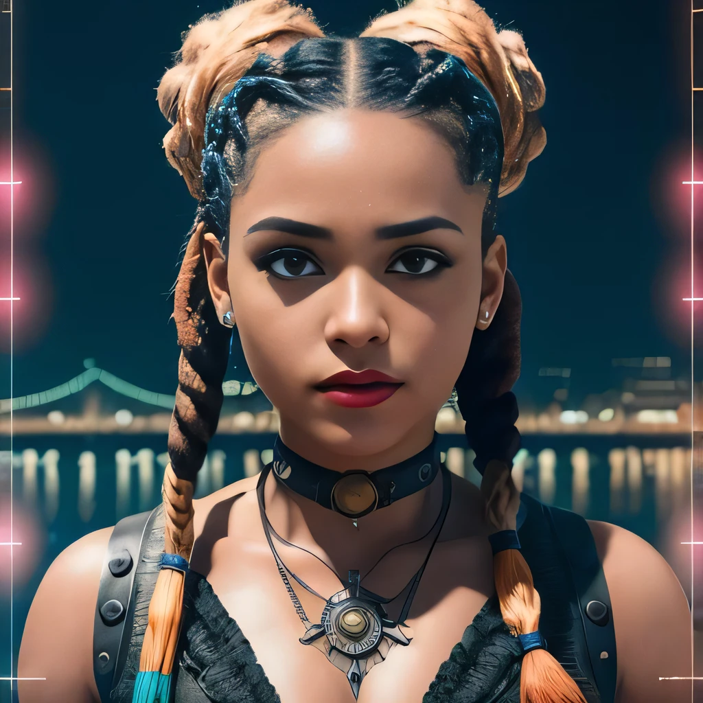 (high-detail image:1.2),raw photo, realistic photo,a girl is standing by the river,1girl,lipstick,neon lights,dreadlocks and pigtails,night,moon in the sky,outstretched arm,steampunk,Looking at Viewer,comic,detailed,Cinematic light, intricate detail, highres, detailed facial features, high detail, sharp focus, smooth, aesthetic, extremely detailed, stamp, octane render,8k uhd, SLR camera, film grain