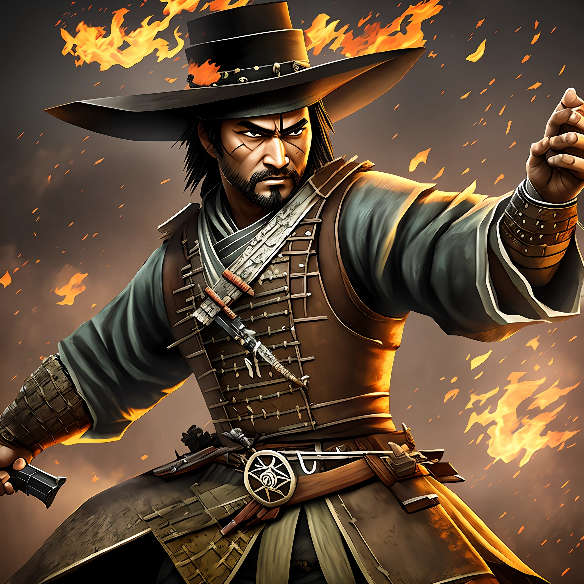 Create a samurai carton character fighting in the wild west against zombies --auto --s2