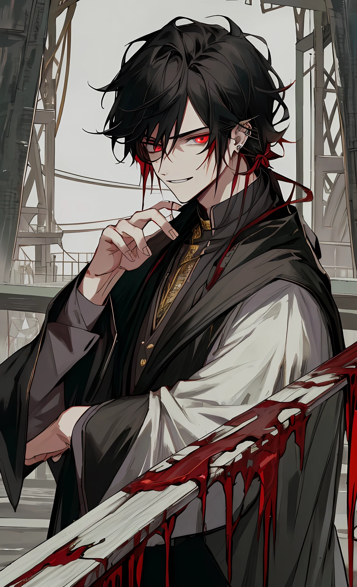 (((8k, RAW photo, best quality, Masterpiece: 1.4))), super high resolution, super detailed, illustration, close-up, handsome man, red eyes, (detailed eyes, bright eyes:1.2), medium-length black hair, elf, pale skin, ear piercings, dark, black clothes, detailed clothes, gold accessories on clothes, sly smile, sharp fangs, predatory look, (perfect fingers:1.2), bridge in the background,  only environment, broken laboratory, starry sky, architecture, future, imagination, outdoor, high quality shadows, natural lighting, (white highlights:1.2), night, dark sky, (blood on clothes:1.2)