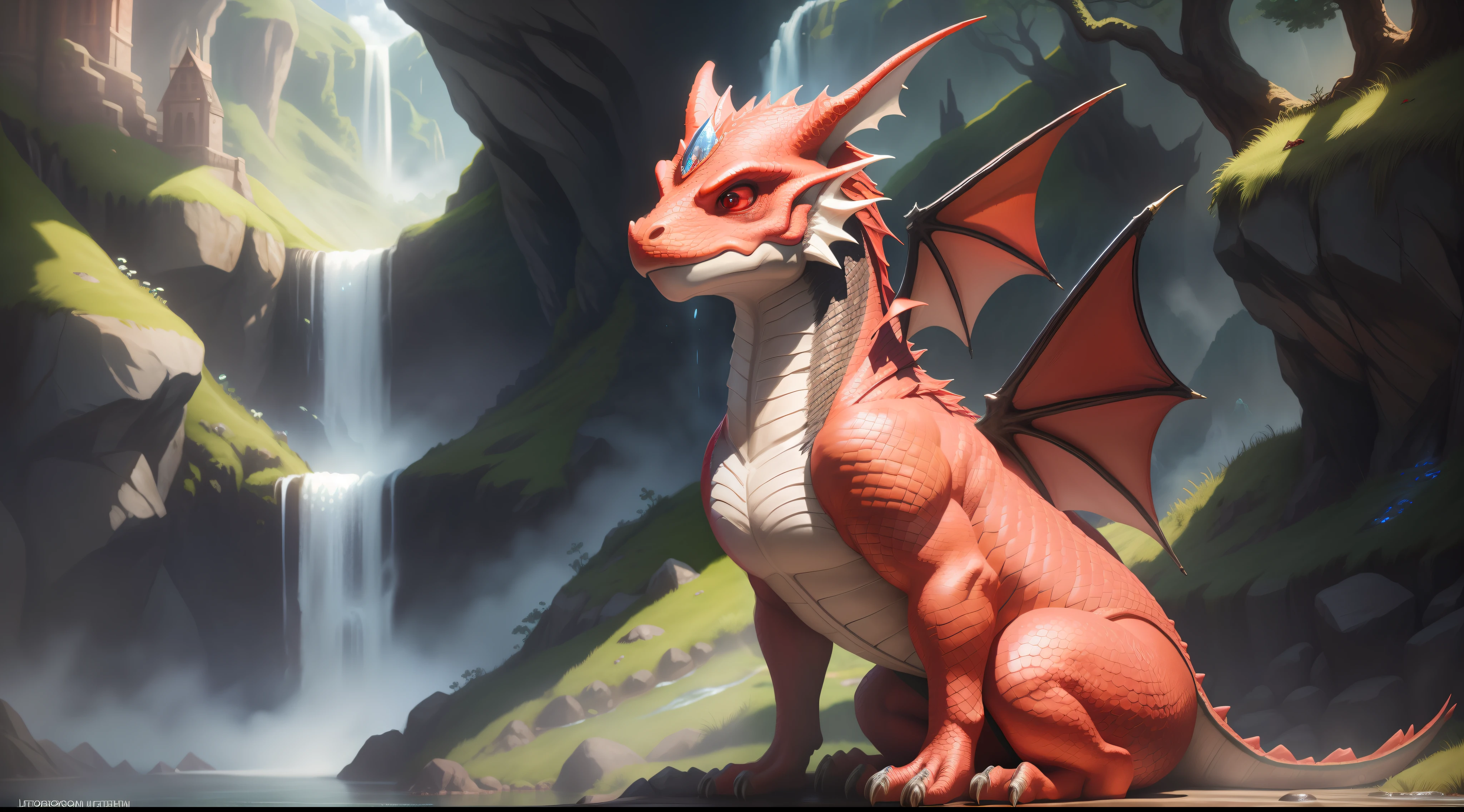baby dragon, happy puppy, sitting, benevolent look, medieval fantasy, anime, mountain with waterfall, bright red scales, sunlight, realistic shadows, ultra realistic photo, intricate details, high resolution, photo quality, 8k resolution