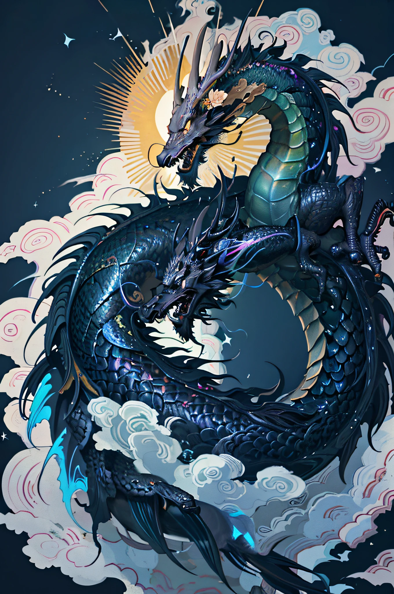 iridescent, masterpiece, (on black background: 1), Chinese dragon, black flower, tree, petal, wind, god, long wavy body, fang, fantasy, myth, high quality, highly detailed, masterpiece, epic, particle effect, dynamic effect, sun background