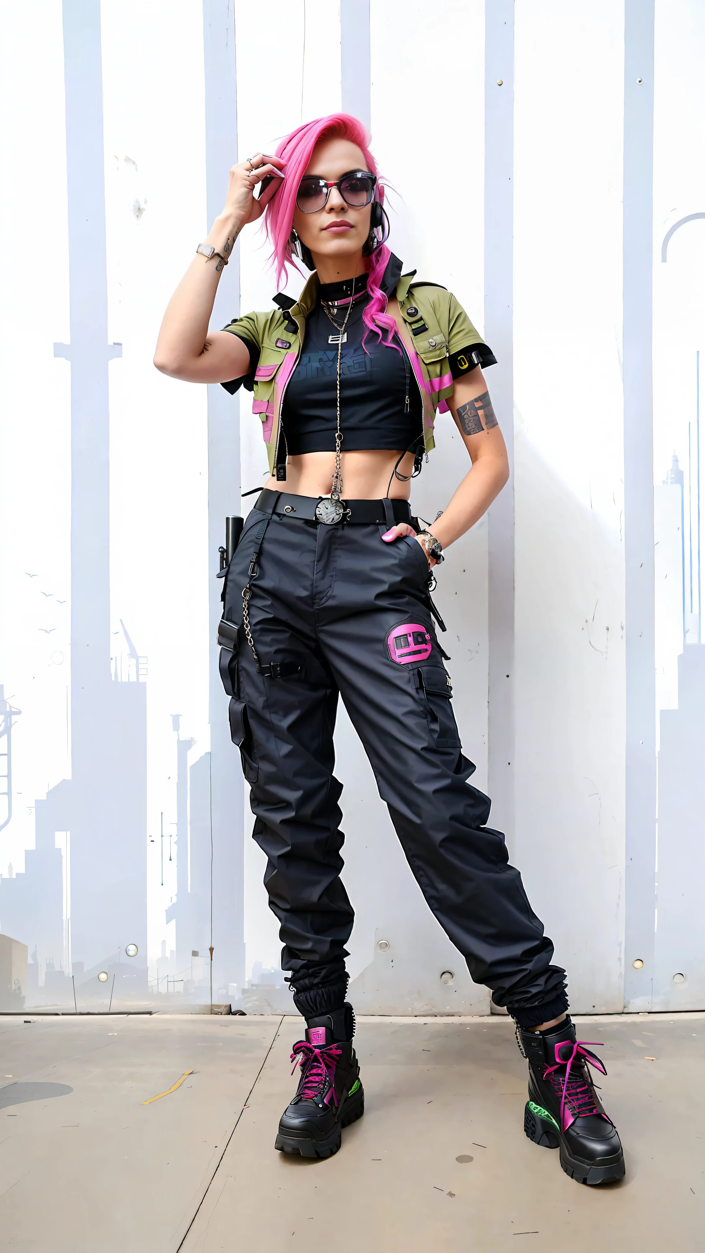 araffe woman with pink hair and glasses posing for a picture, cyberpunk style outfit, diesel punk female, mechanic punk outfit, cargo pants. cyberpunk city, cyberpunk outfit, photograph of a techwear woman, cyberpunk fashion clothing, cyberpunk fashion clothes, cyberpunk fashion, cyberpunk clothes, with ripped crop t - shirt, post - apocalyptic style