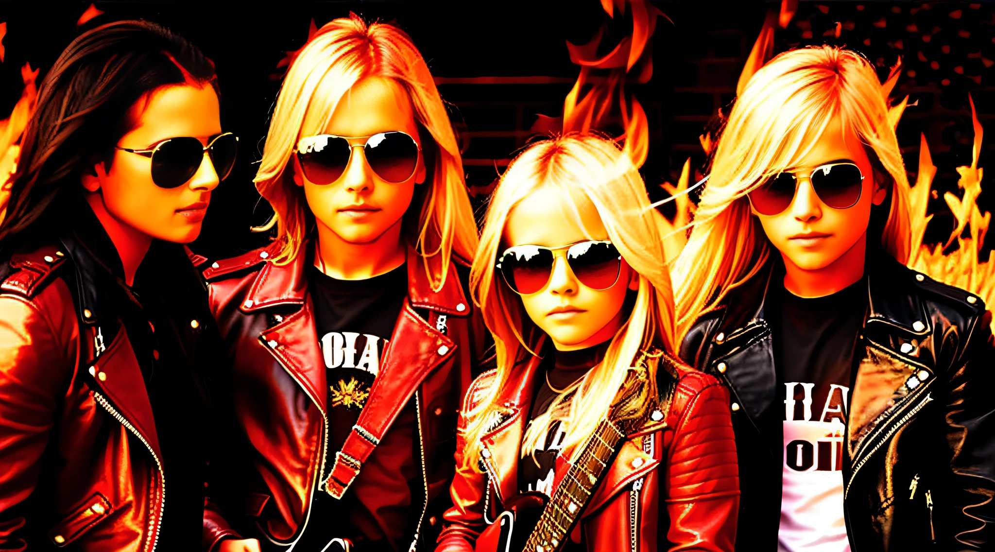 3 girls blonde children WITH STRAIGHT HAIR WITH SUNGLASSES, RED LEATHER JACKET AND BLACK CLOTHING. PORTRAT STYLE, WITH GUITAR, flames are glowing in the dark with a reflection of fire, flames of fire, flames in the background, fire and flames, flames in the background, place of fire roaring, flames of fire in the background, flames in flames, flames in the background, red flames in the background, fire and flames and smoke, fire in flames, many flames, flame and fire, fire in the background, Multiple flames
