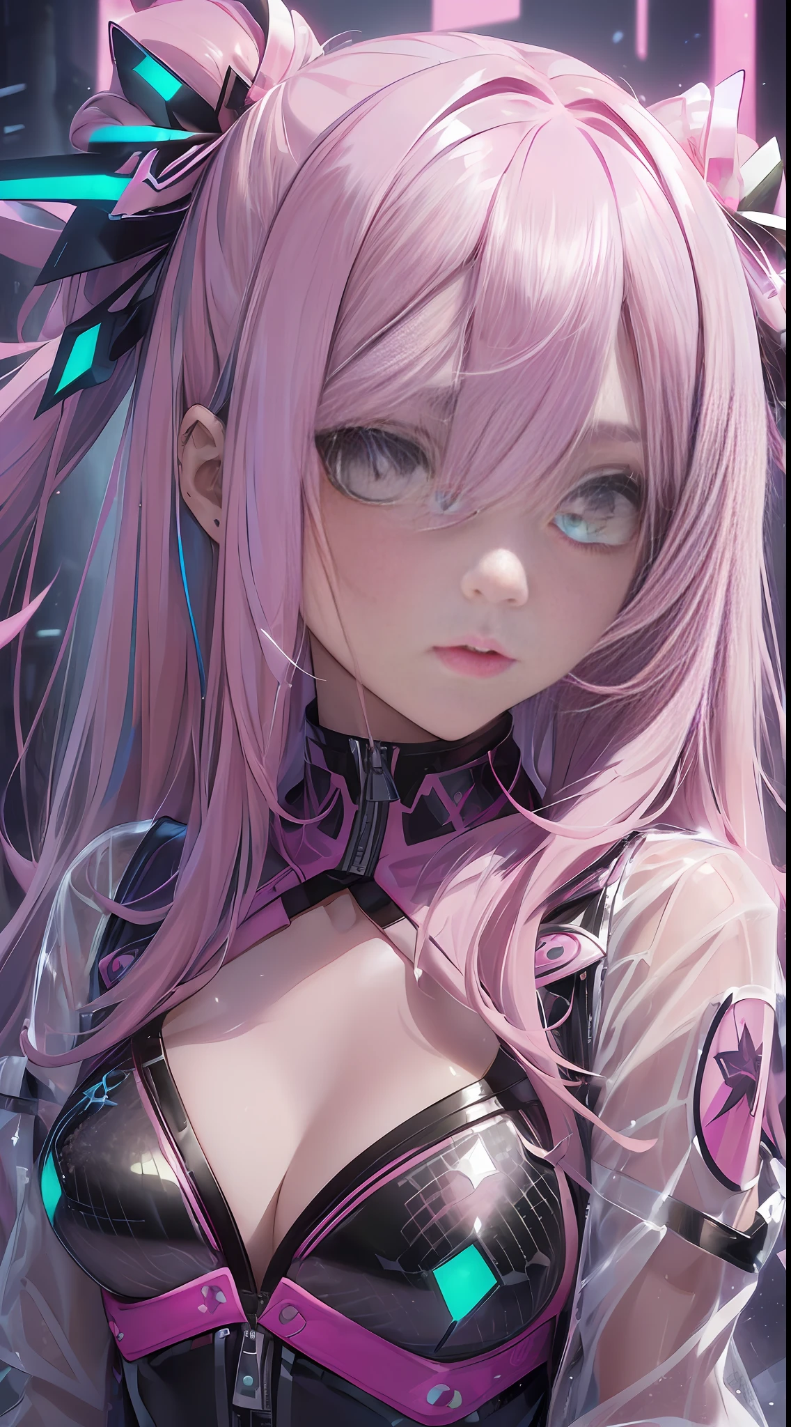 (((masterpiece)))focusshots (1 girl)(((pink hair, long hair,straight hair,two side up))), (((green eyes))),beautifulface,eyeshadow, eyeliner,glow eyes, hyper detailed eyes, intricate eyes, beautiful eyes, detailed eyes,((star-shaped pupils,glowing pink pupils))18-year-old girl.((wearing a Transparent jacket made of PVC material)).