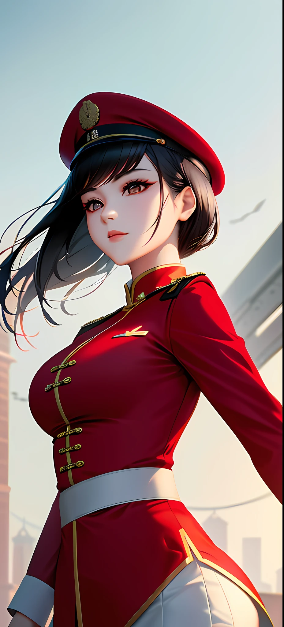 Beautiful Chinese woman, 25 years old, soldier, white berets, red uniform, firm face, long eyelashes, bright beautiful eyes, surrealism, shadows, stereograms, (realistic, realistic: 1.2), POV, atmospheric perspective, cinematic lighting, ray tracing, 8k, super detail, best quality, masterpiece, rich detail, (Canan EOS R6, 135mm, 1/1250s, f/2.8, ISO 400:0.9), weapons, Shanghai, China.
Wait to start,,realistic,octane rendering