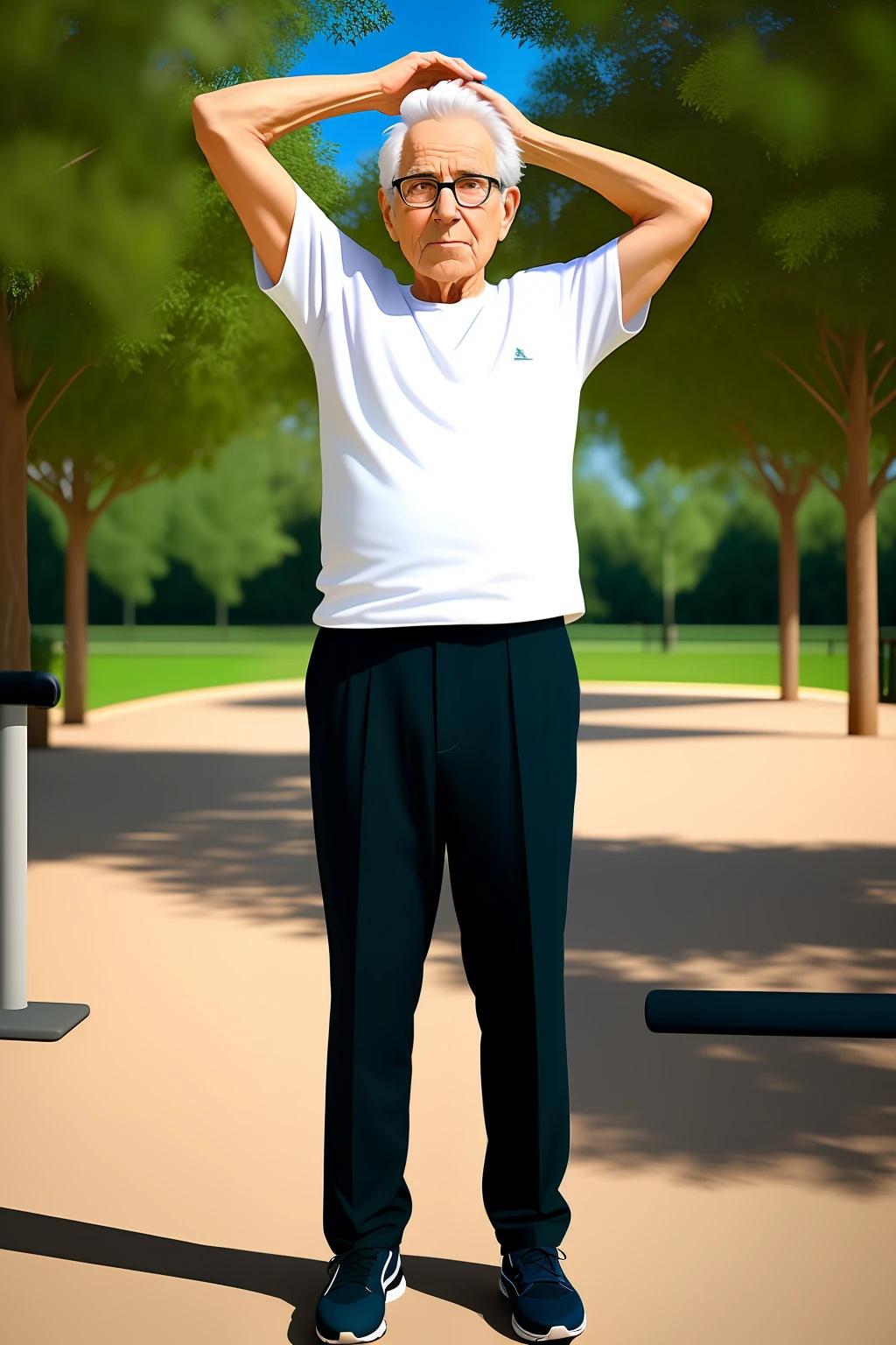 Generate ultra-realistic image of an elderly person doing calisthenics on a fixed bar in a park
