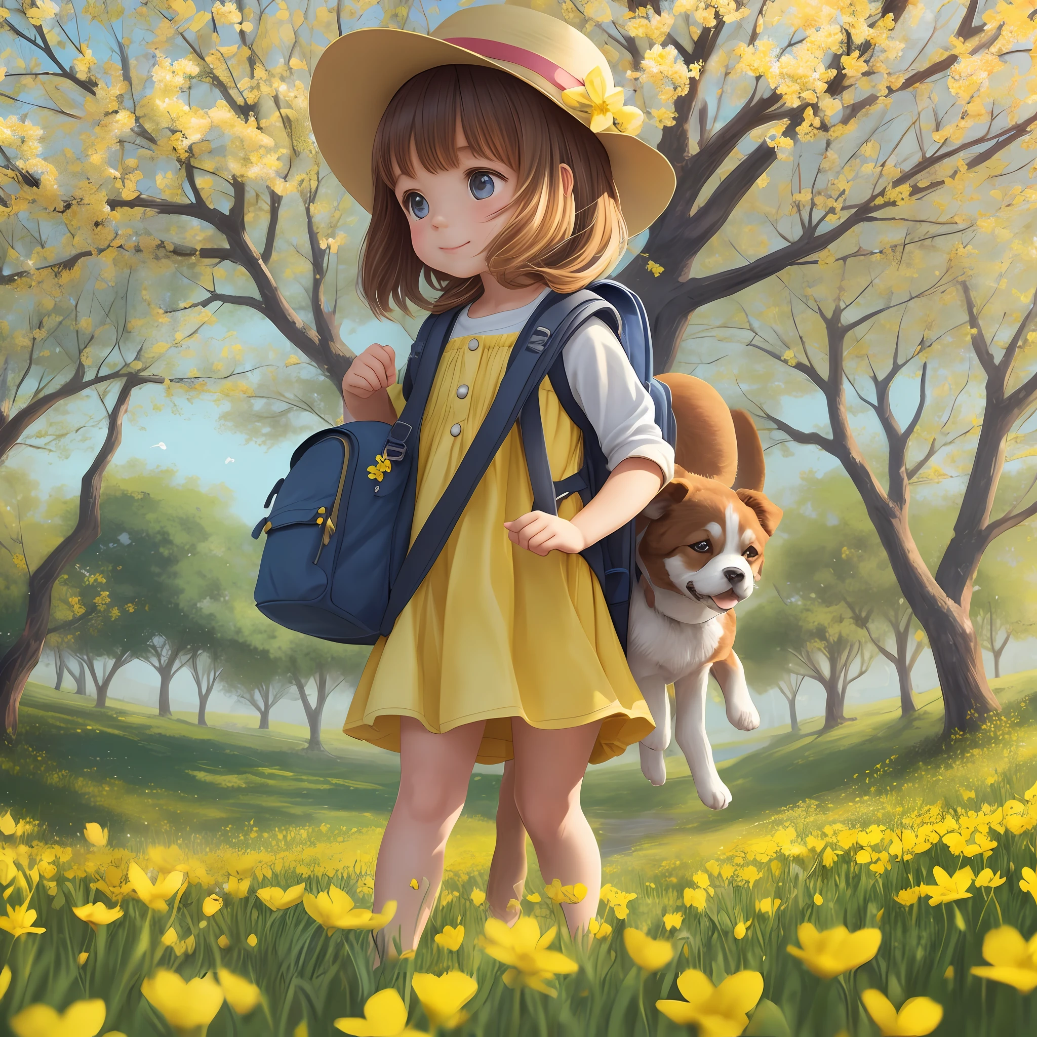 Tip: A very charming little girl with a backpack and her cute puppy enjoying a lovely spring outing surrounded by beautiful yellow flowers and nature. The illustration is a high-definition illustration in 4k resolution, featuring highly detailed facial features and cartoon-style visuals. --auto --s2