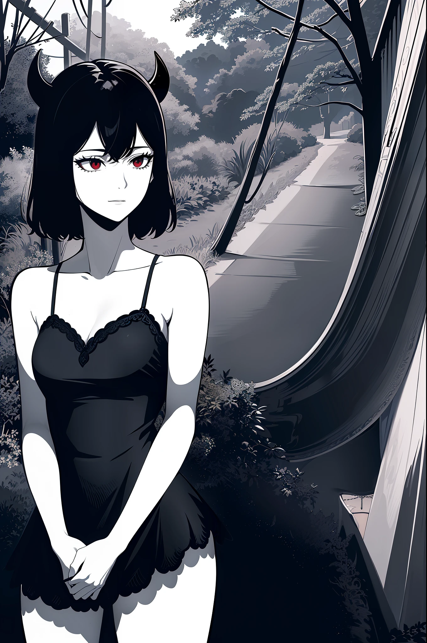 ultra realistic 8k cg, masterpiece, ((ultra detailed background, delicate pattern, intricate detail)), (highly detailed, fine details), best quality, 1girl, (photorealistic:1.4),beautiful lighting, absurdres, RAW photo, film grain, ((medium breasts, slim girl)), Baccarat, Nero, 1girl, short hair, solo, horns, black hair, red eyes, dress, black dress, collarbone, closed mouth, bare shoulders, (demon horns), hair between eyes, cleavage, (complex detailed background, outside, nature environment, trees, sunny, blue sky, sky, cowboy shot, small breasts, slim girl),