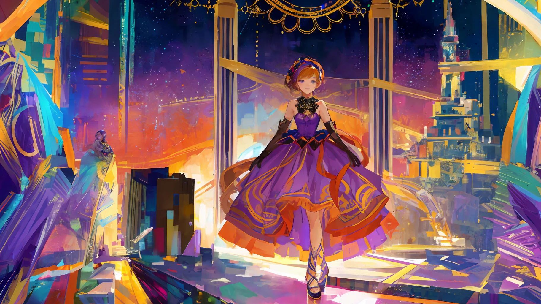 (masterpiece), (best quality), cinematic lighting, 1girl, full body, colorful (ballgown) without black color, elbow gloves, colorful legware, intricate beautiful face, in a ballroom, purple, space themed