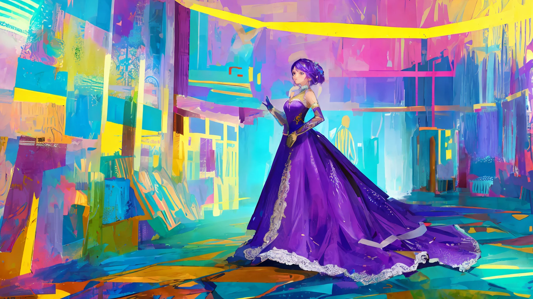 (masterpiece), (best quality), cinematic lighting, 1girl, full body, colorful (ballgown) without black color, elbow gloves, colorful legware, intricate beautiful face, in a ballroom, purple, space themed