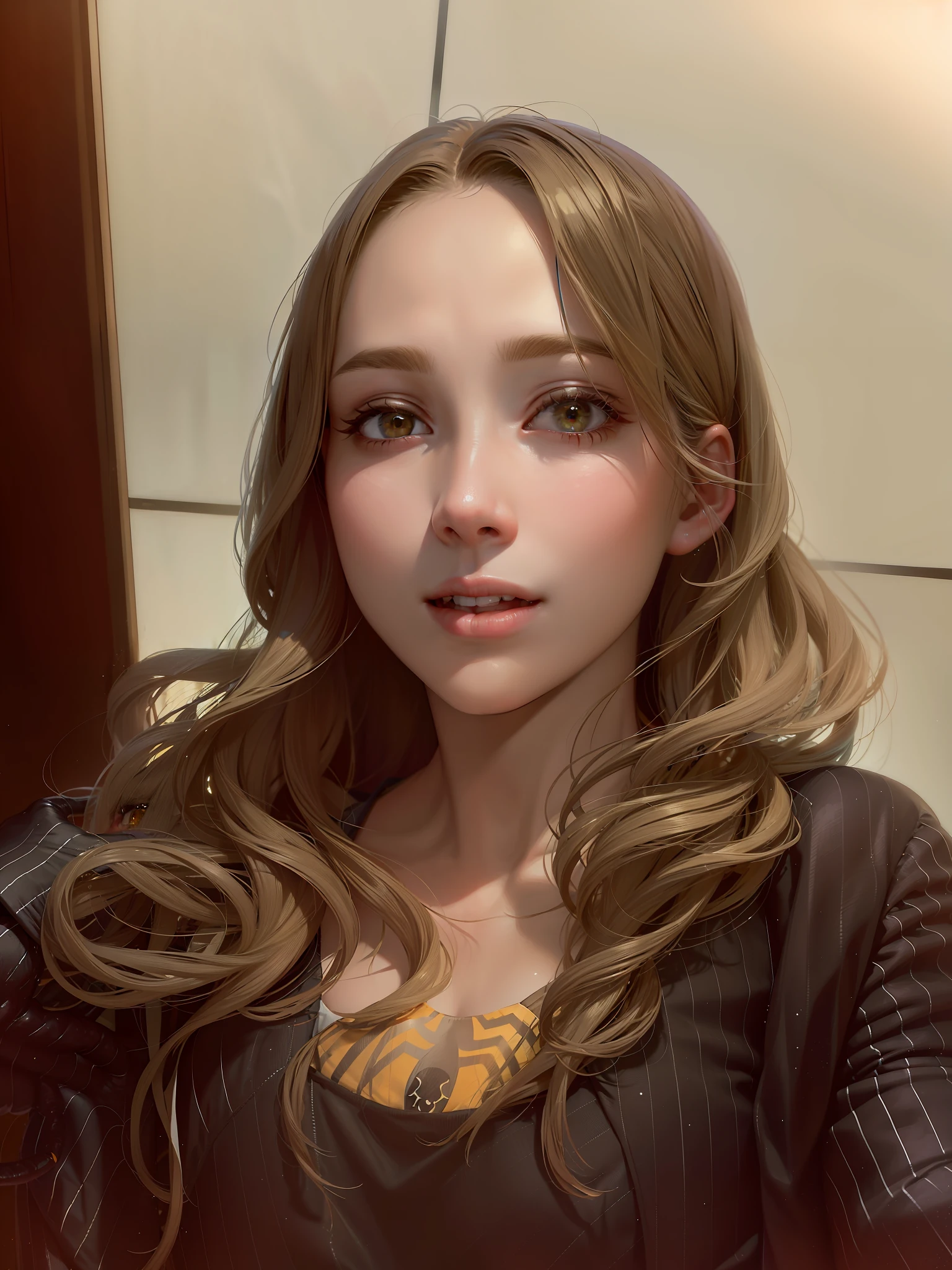 (masterpiece, best quality:1.2), upper body, solo, 1girl, power \(csm\), smile, looking at viewer, blonde hair, yellow eyes, cross-shaped pupils, spider suit, spider web print, spider web, blue sky