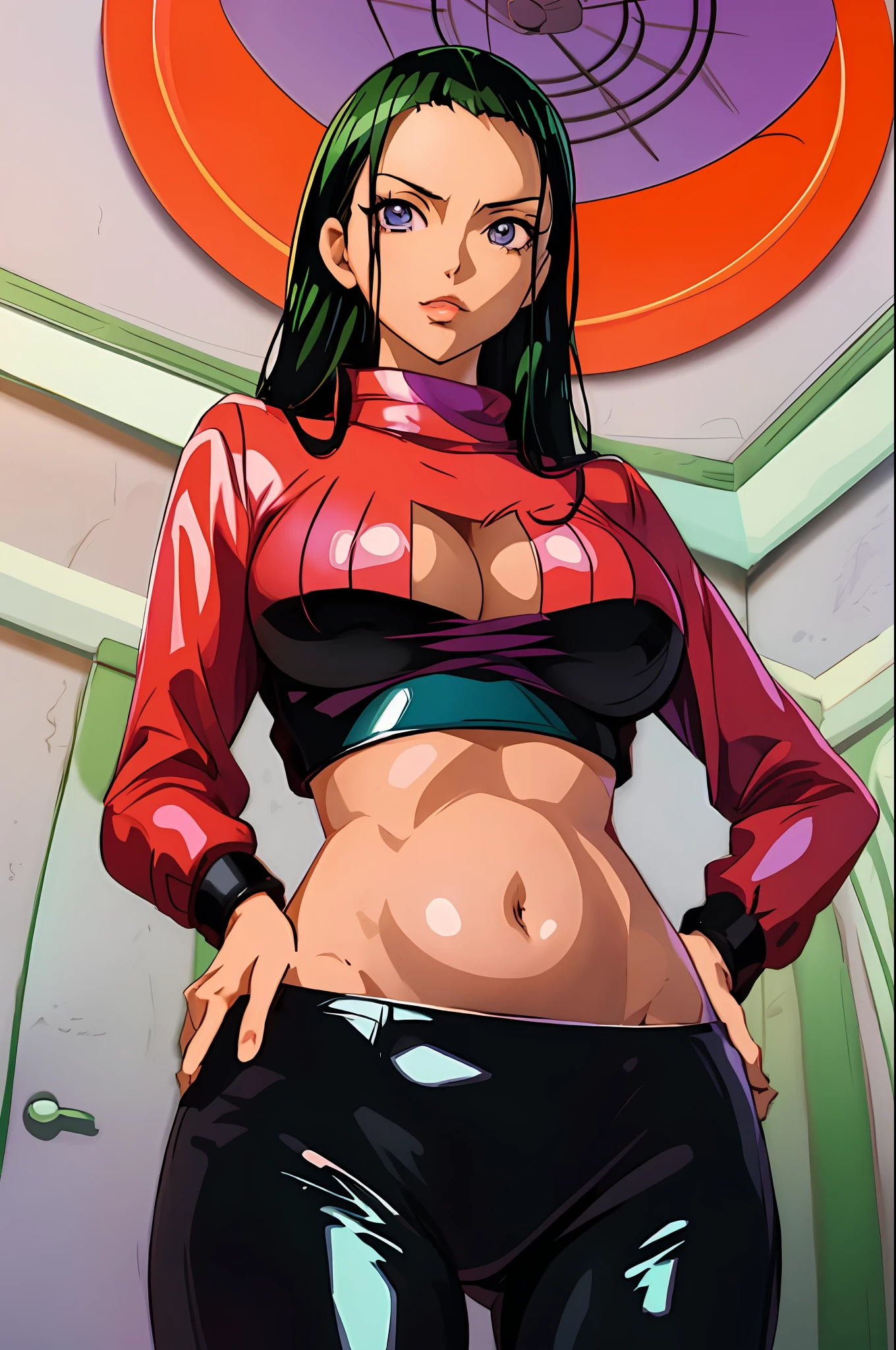 A woman in purple shirt and black pants posing for a photo, Nico Robin, , Nico Robin from One Piece, Seductive Anime Girl, Female Anime Character, Like an Anime Character, Anime Woman, Marin Kitagawa Fanart, Ecchi Anime Style, She Has A Fat Round Belly, Anime Character, Attractive Anime Girl